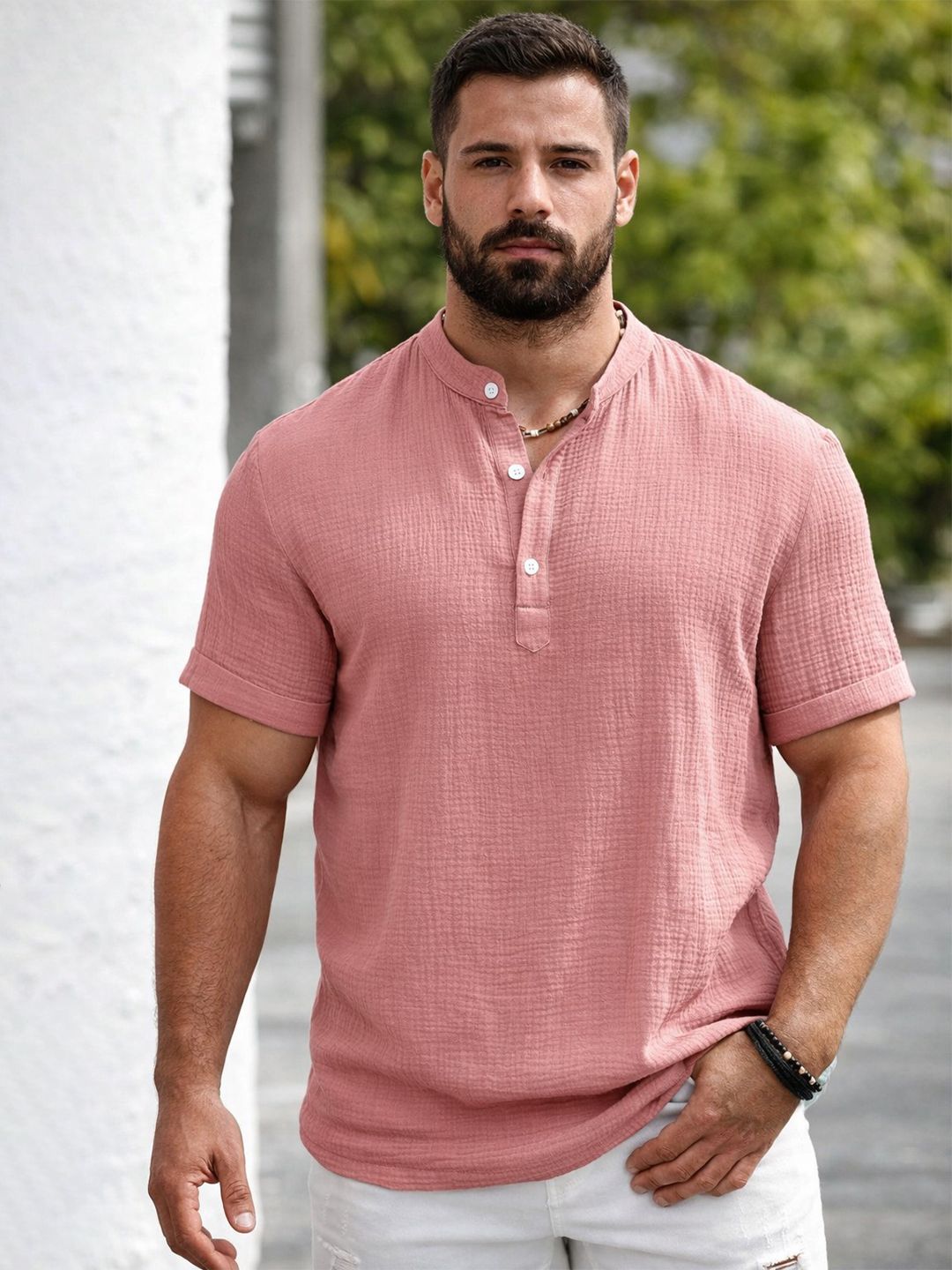 Fifth U Men Mandarin Collar Roll-Up Sleeves A-Line Kurta