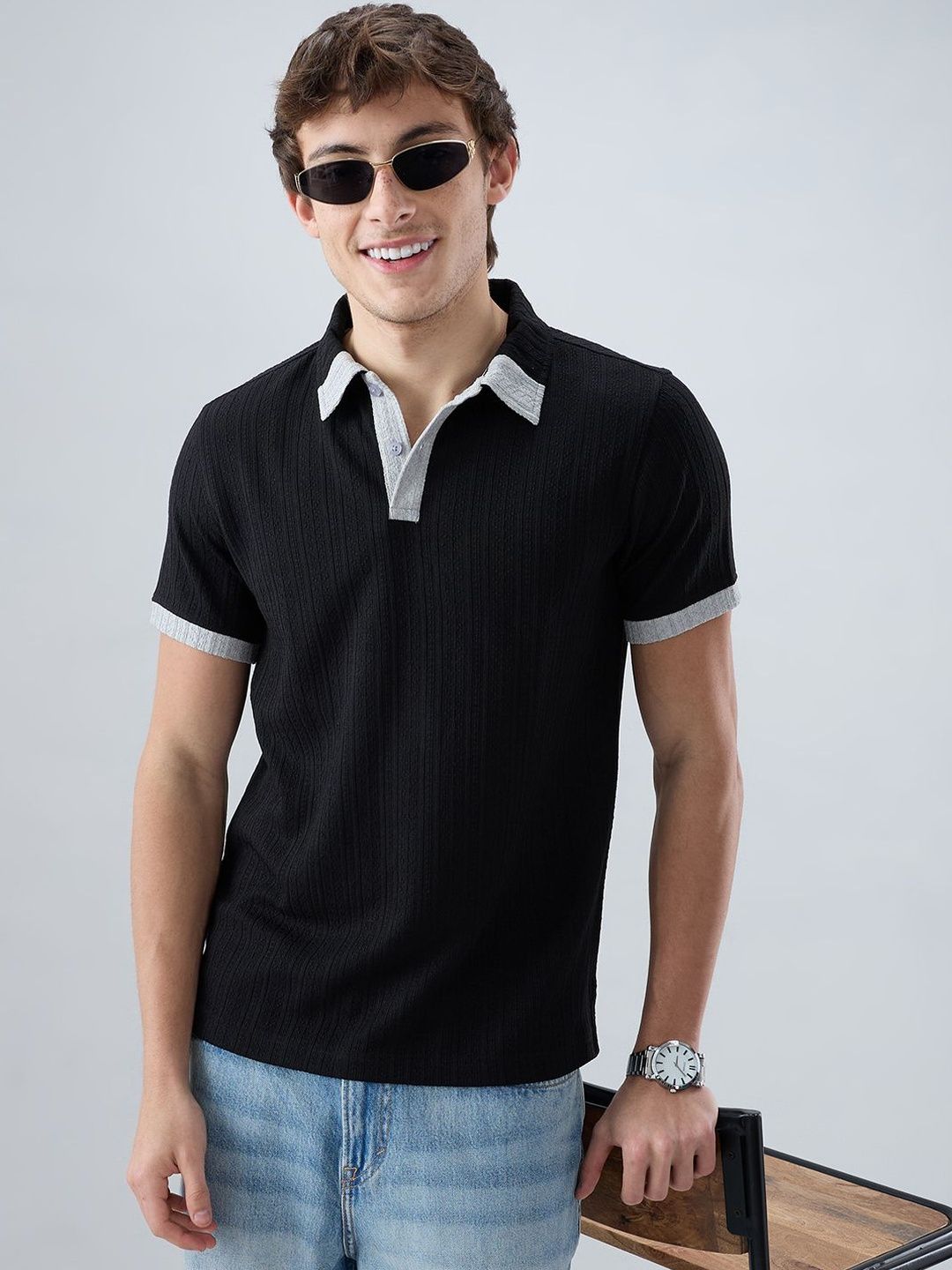 VASTRADO Rich Black Contrast Polo Neck Knit Tshirts