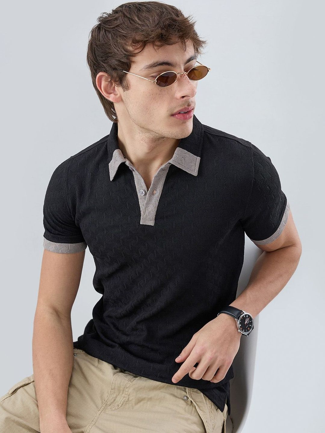 VASTRADO Rich Black Textured Contrast Polo Neck Knit Tshirts