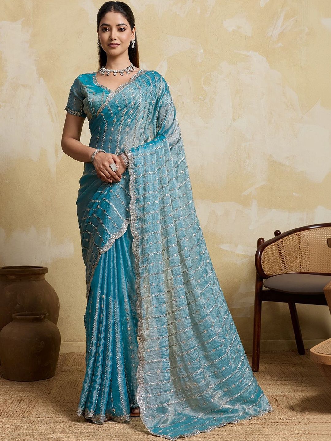 HERE&NOW Womens Sky Blue Embroidered Organza Blouse Piece & Sarees