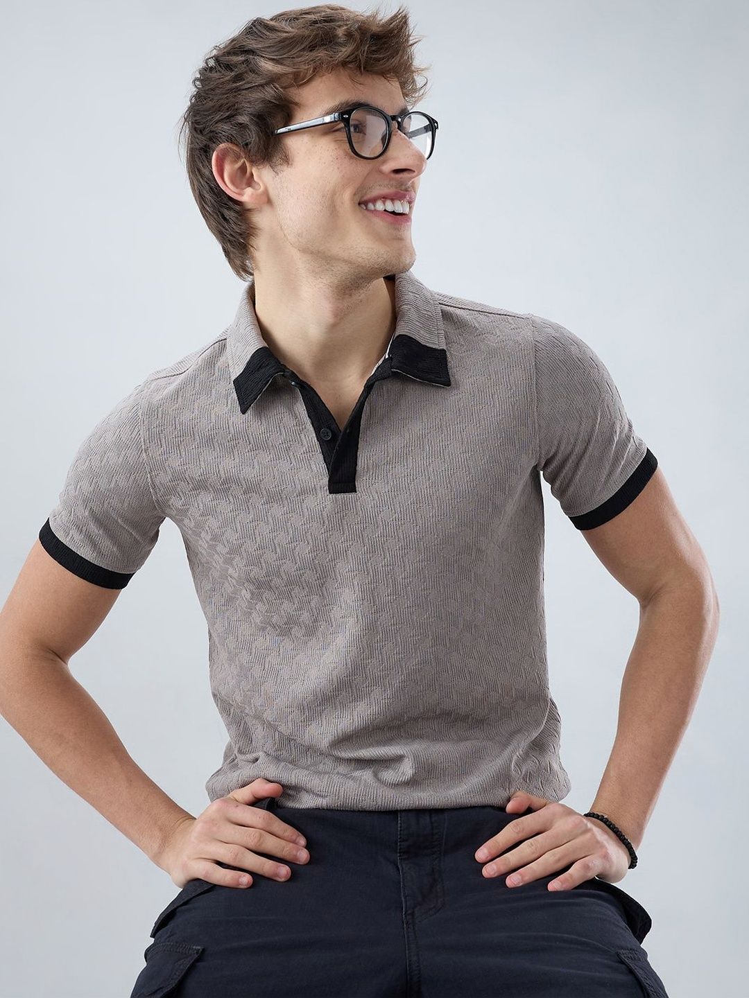 VASTRADO Shadow Grey Textured Contrast Polo Neck Knit Tshirts