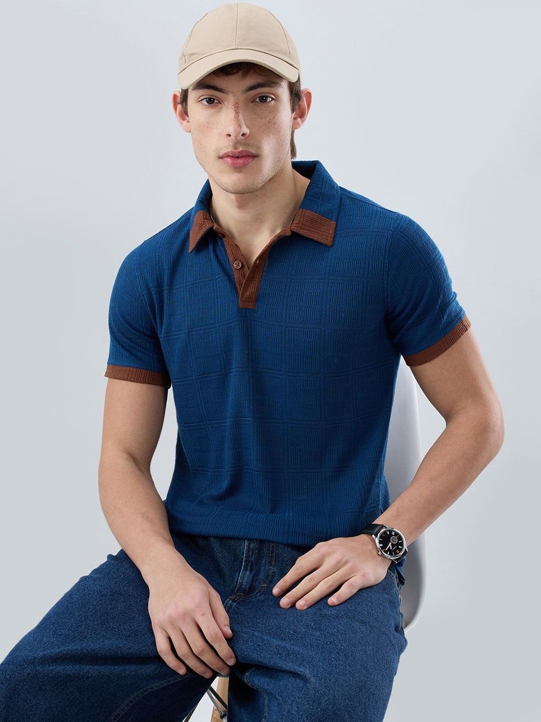 VASTRADO Dark Slate Blue Grid Contrast Polo Neck Knit Tshirts