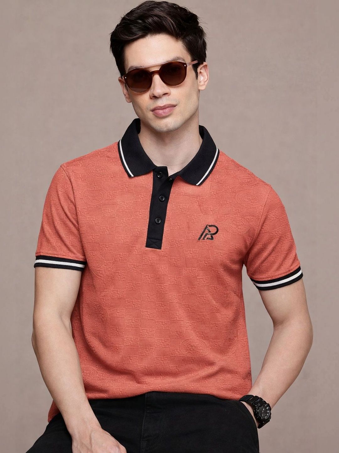 COMBRAIDED Men Textured Polo Collar Button Placket Tshirts