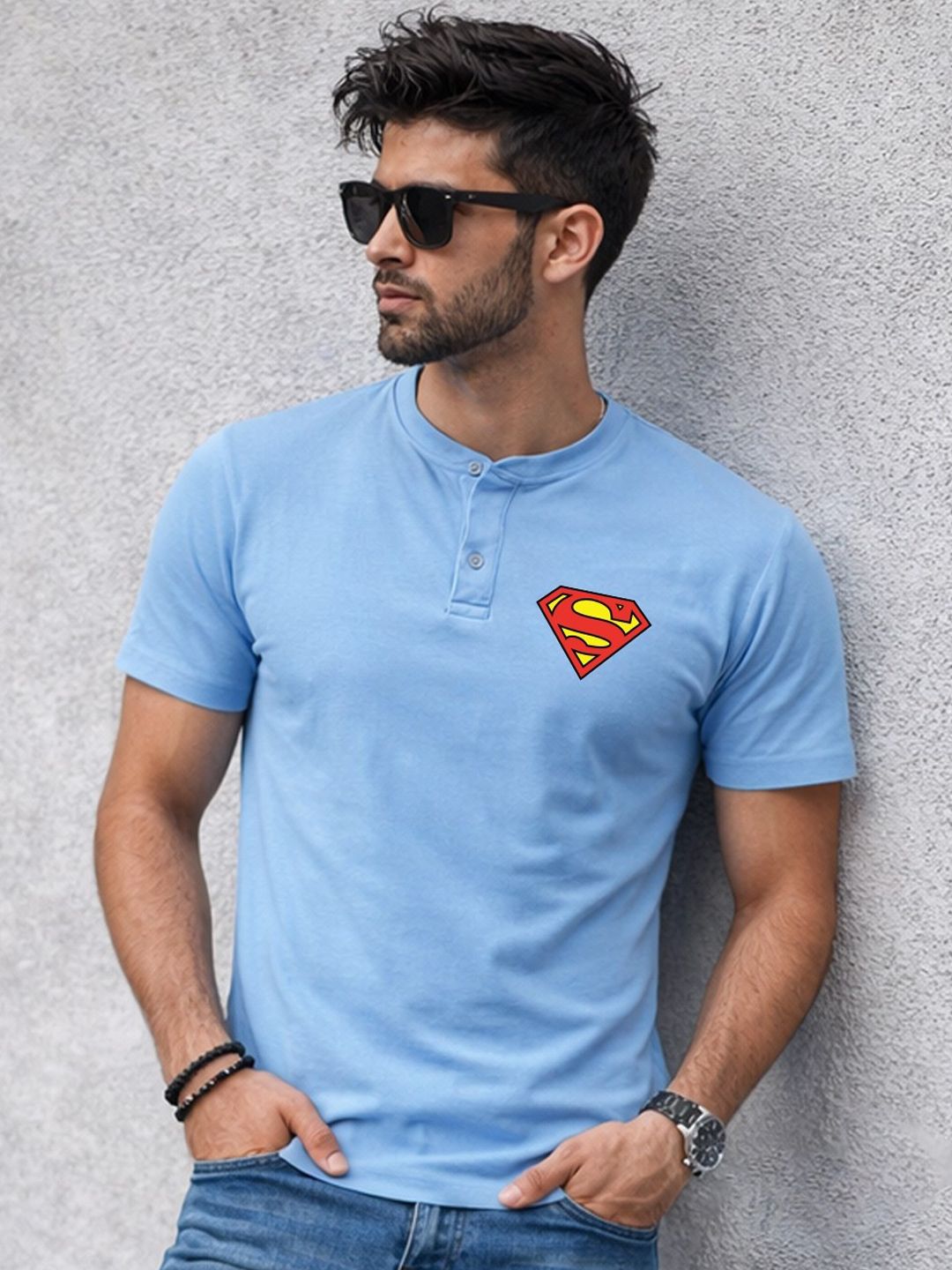 Kook N Keech X Minute Mirth Men Superman Printed Henley Neck T-shirt