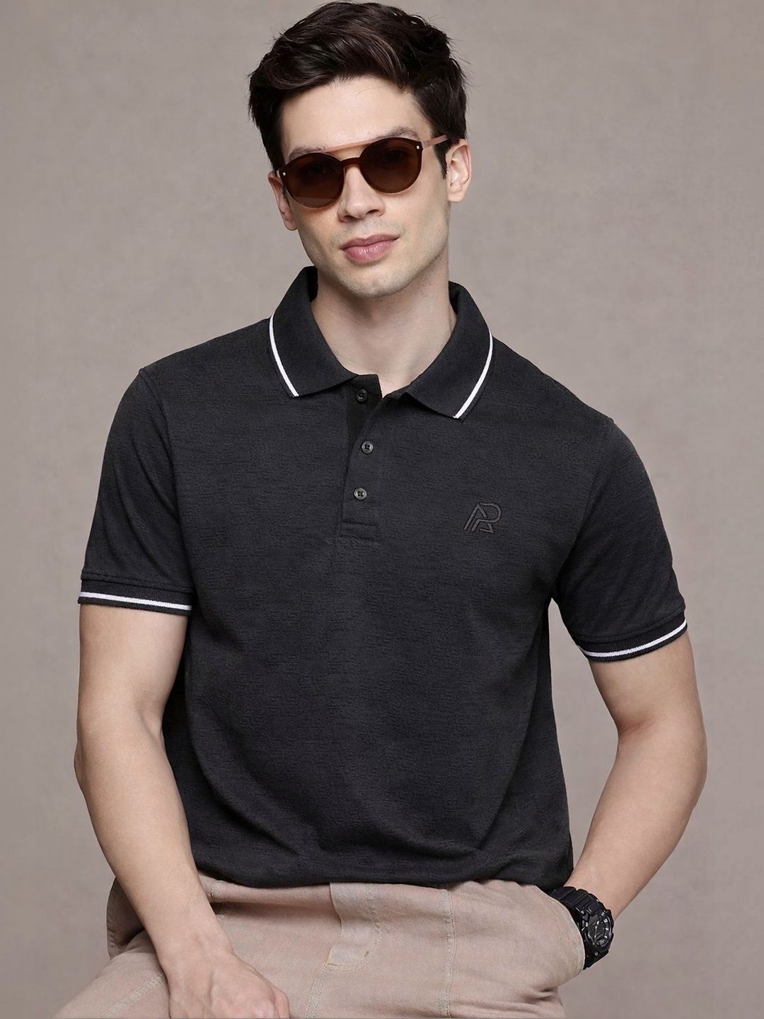 COMBRAIDED Men Textured Polo Collar Button Placket Tshirts
