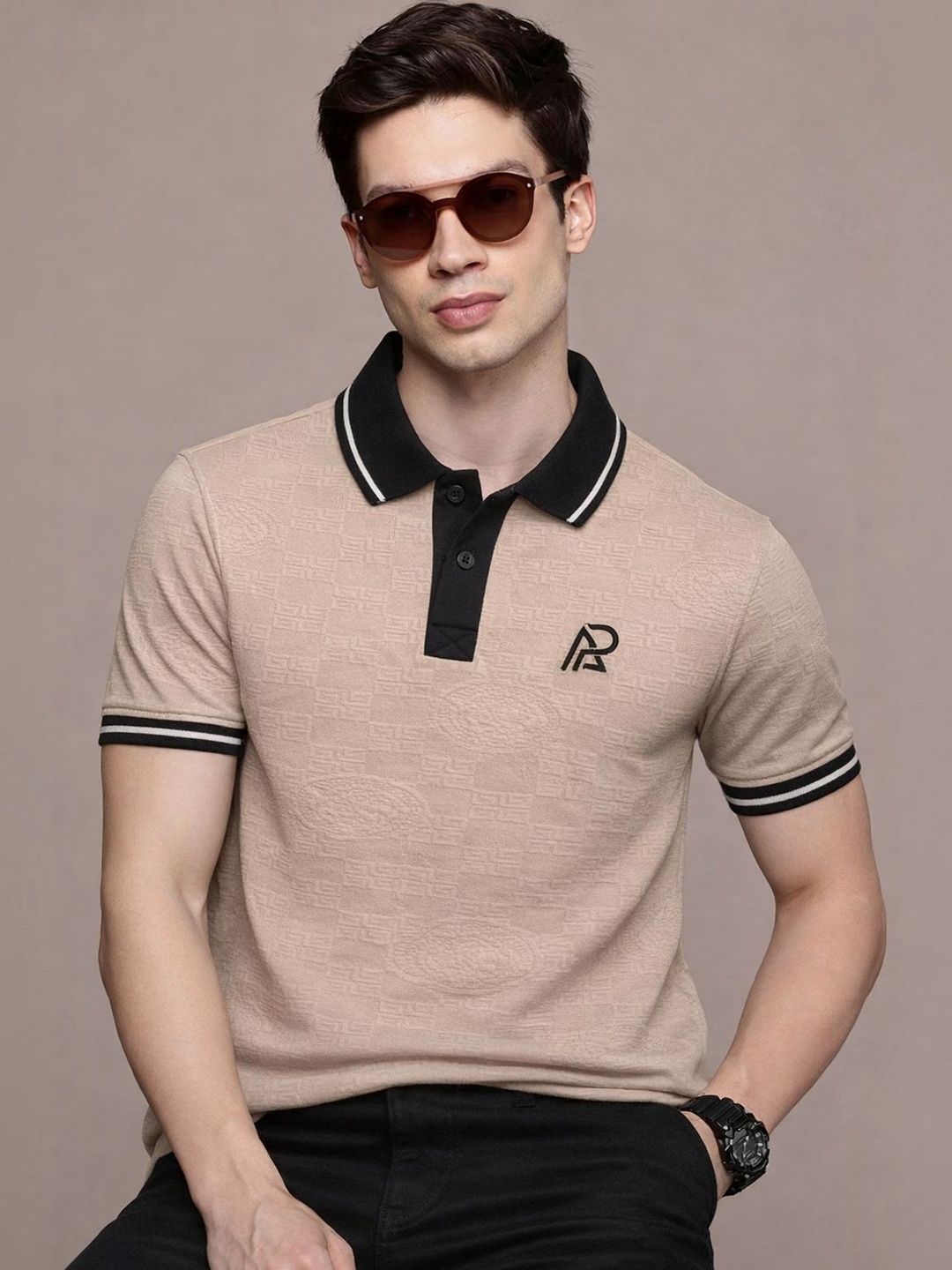 COMBRAIDED Men Textured Polo Collar Button Placket Tshirts