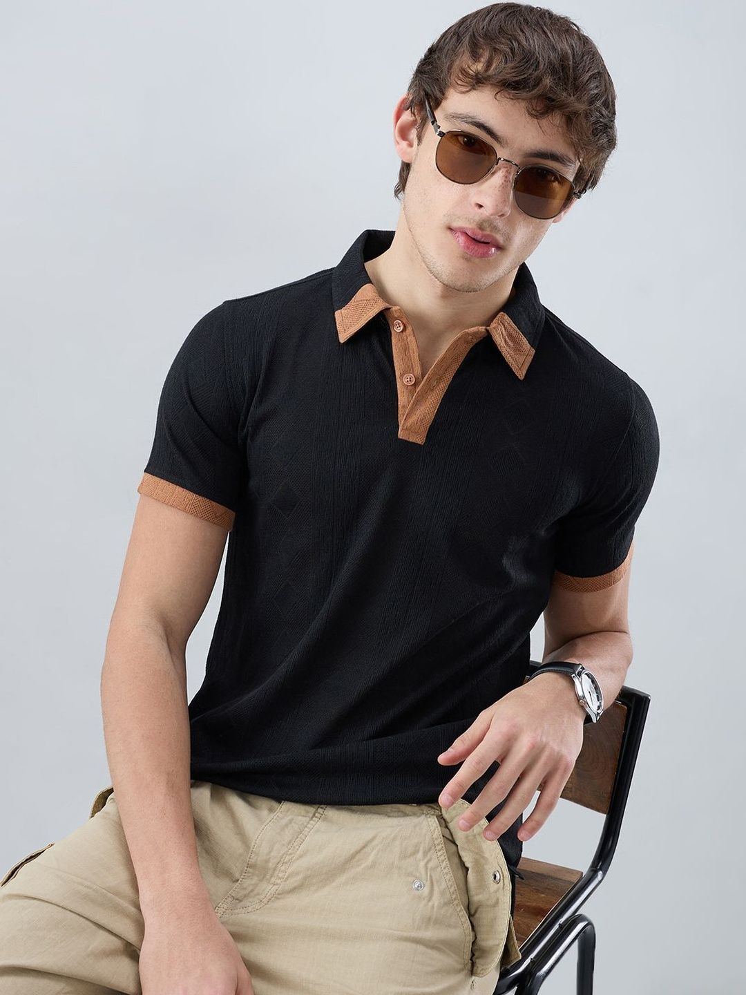 VASTRADO Rich Black Contrast Polo Neck Diamond Weave Knit Tshirts
