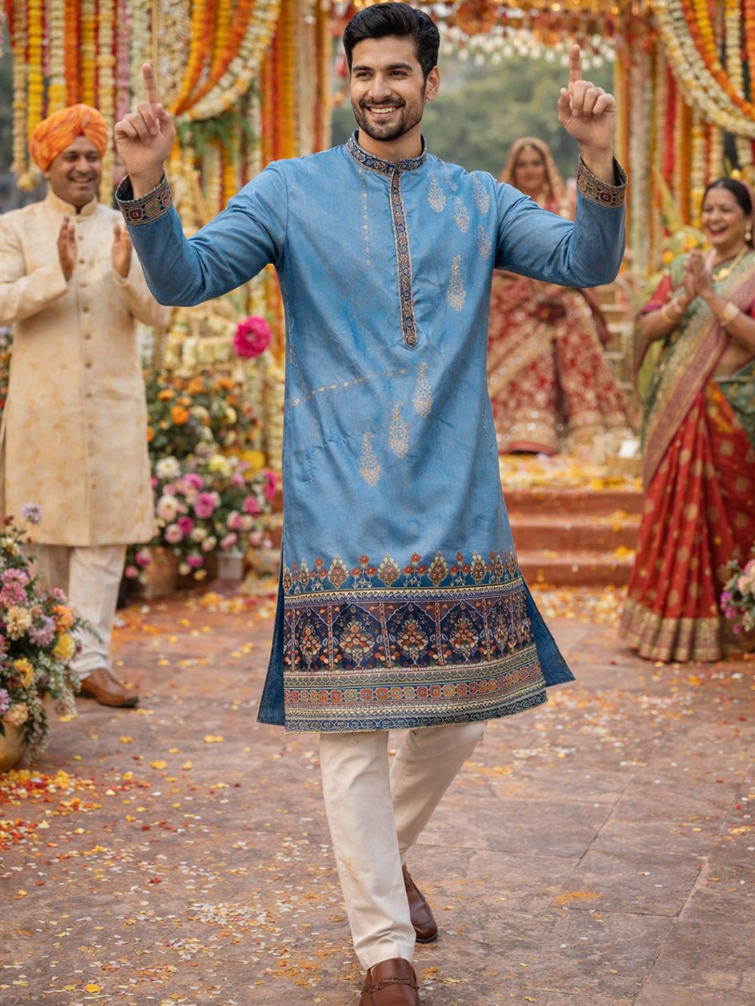 House of Pataudi Paisley Printed Mandarin Collar Knee Length Straight Kurta