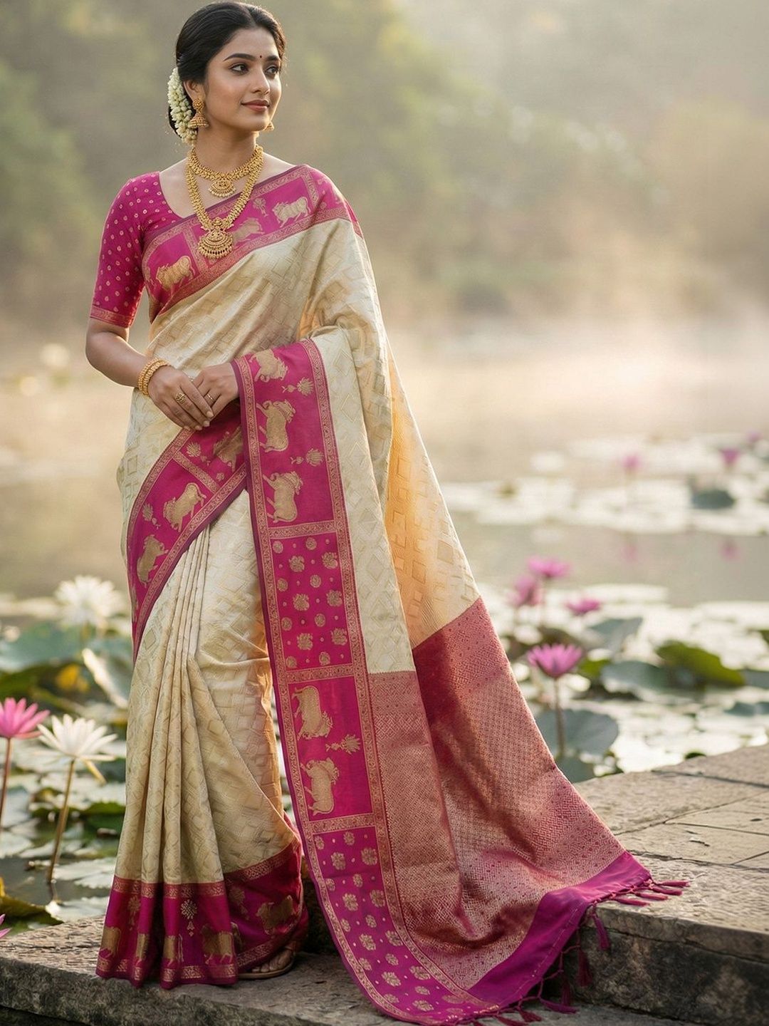 Kanjeevaram Soft Silk Saree Dhaaga Ghar Sutriti Women Cream Soft Silk Pink Nandi Zari Border Sarees