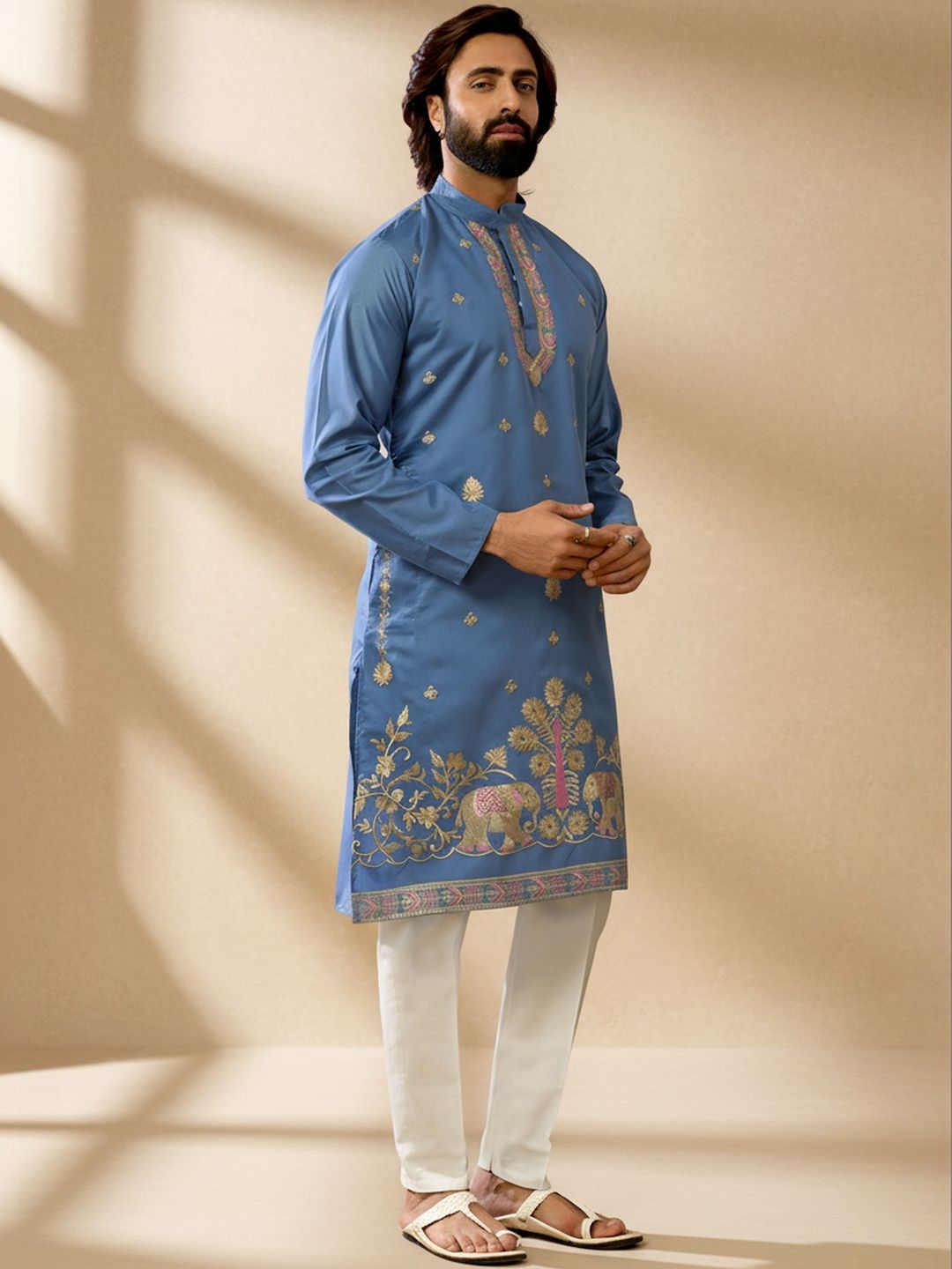 INDIROOP Men Embroidered Mandarin Collar Straight Cotton Kurtas