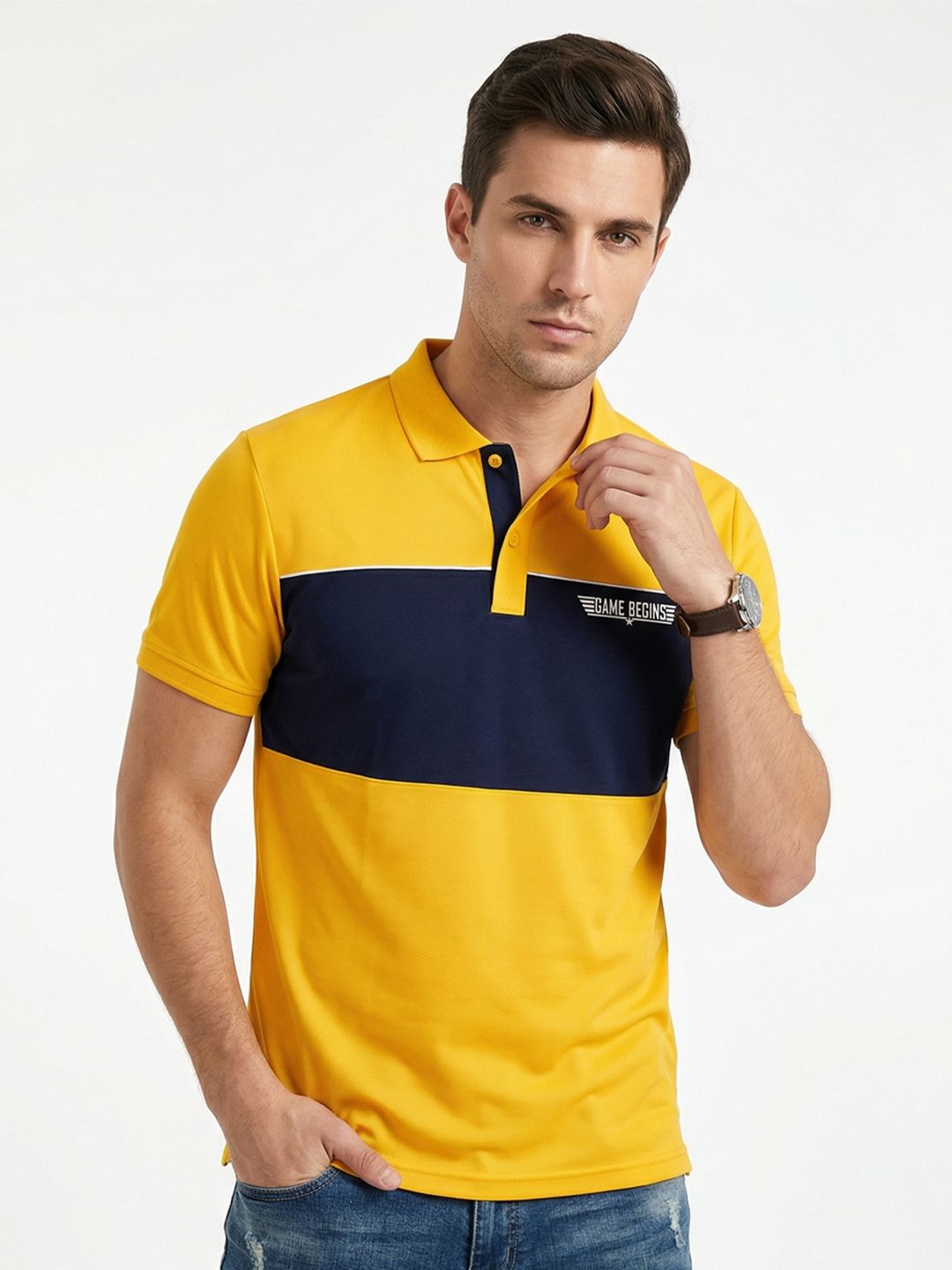 Here&Now X Game Begins Men Typography Colourblocked Polo Collar T-shirt