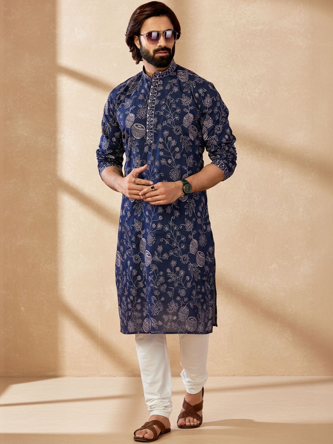 INDIROOP Floral Printed Mandarin Collar Cotton Kurta