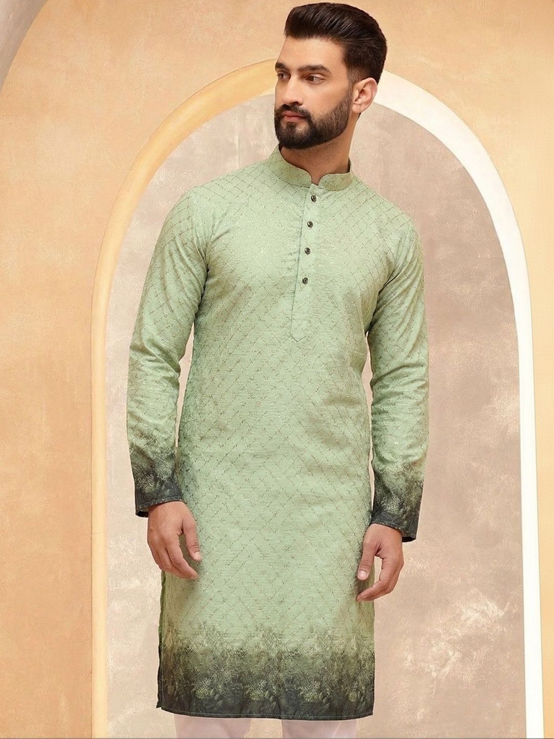 VELKYNOX Men Ethnic Motifs Printed Mandarin Collar Regular Sleeves Sequinned Floral Kurta