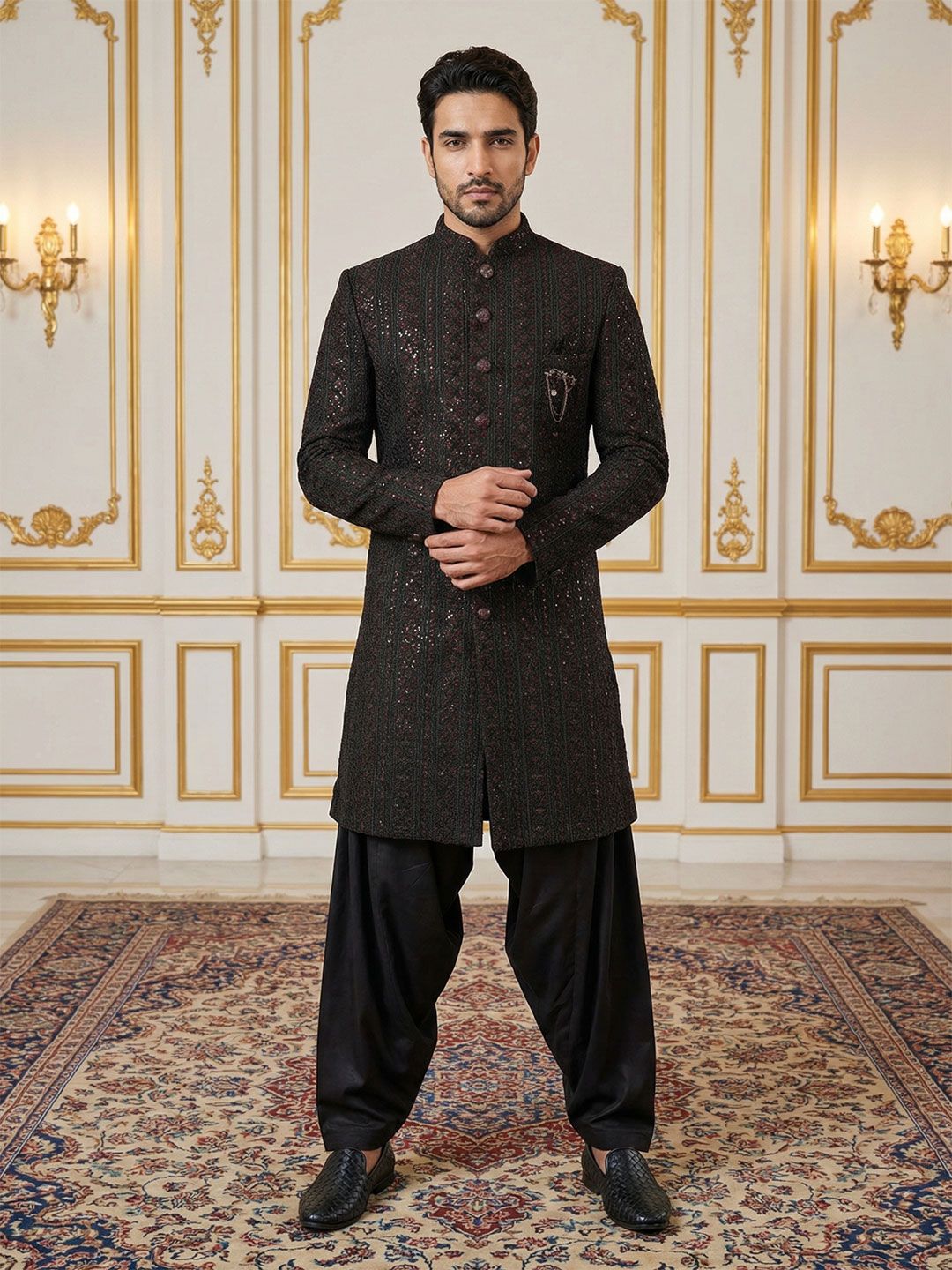 Jompers Embroidered Mandarin Collar Sherwani