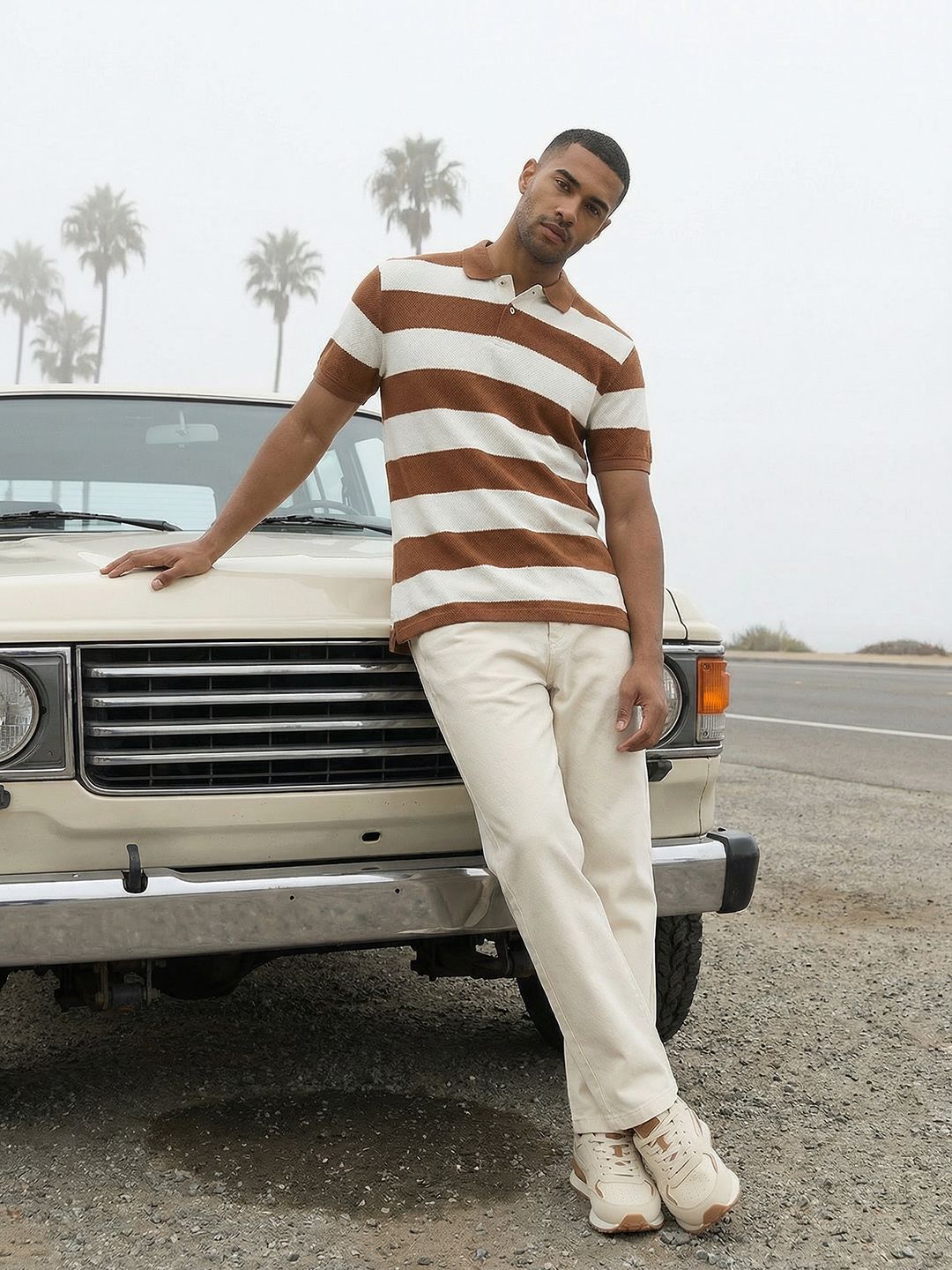 The Roadster Life Co. Striped Polo Collar Pure Cotton T-shirt