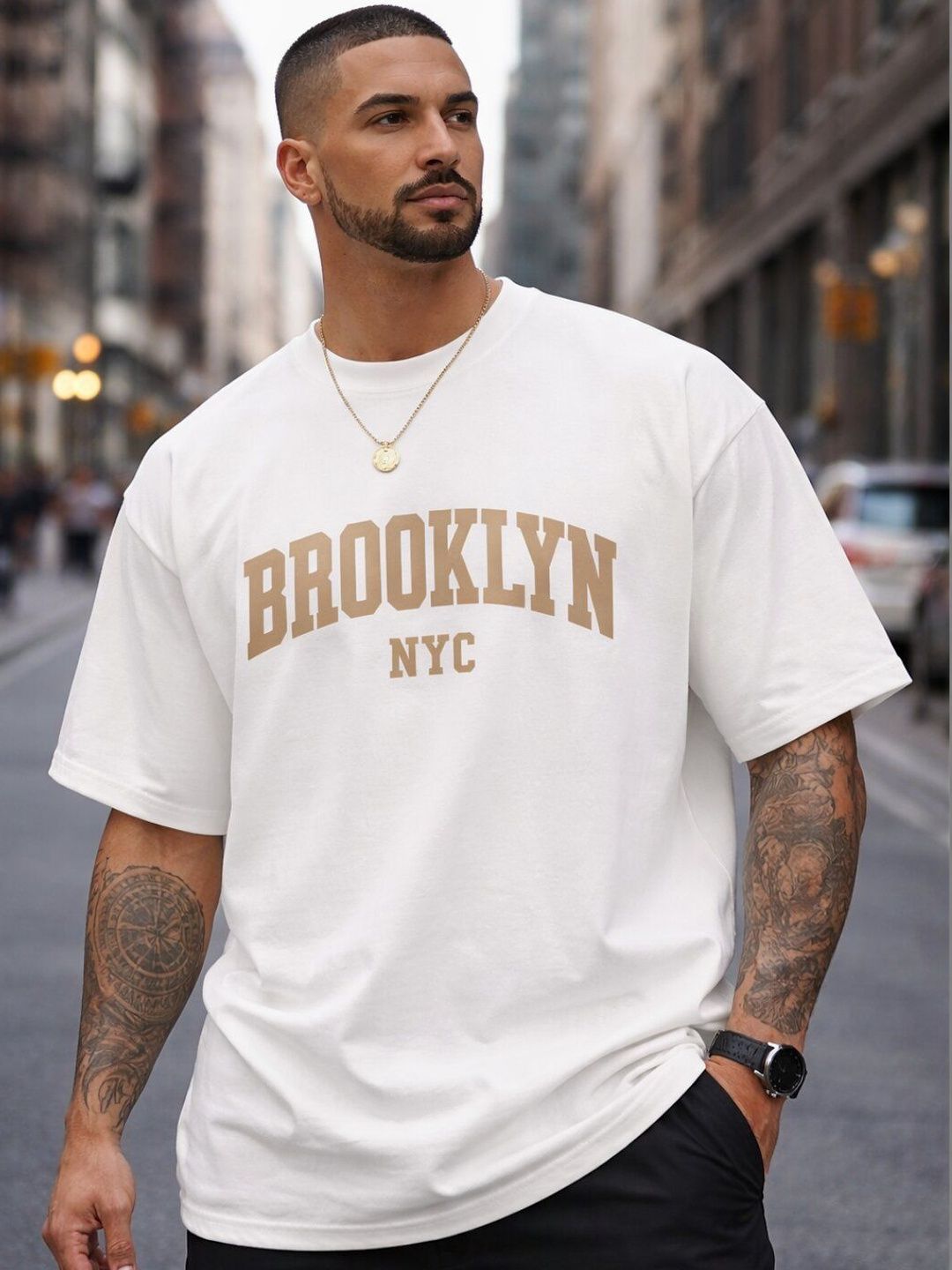 HASTEN Men Oversized Brooklyn Nyc Print Loose Fit Casual Cotton Tshirts