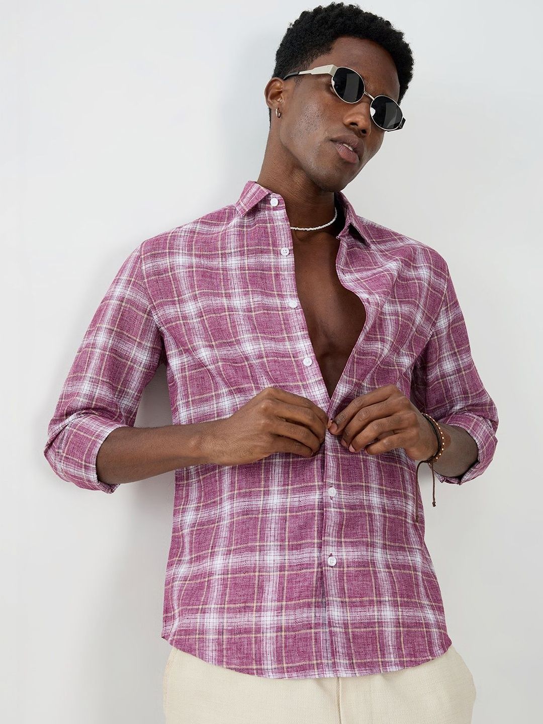 VASTRADO Vintage Maroon Plaid Checks Jacquard Shirt