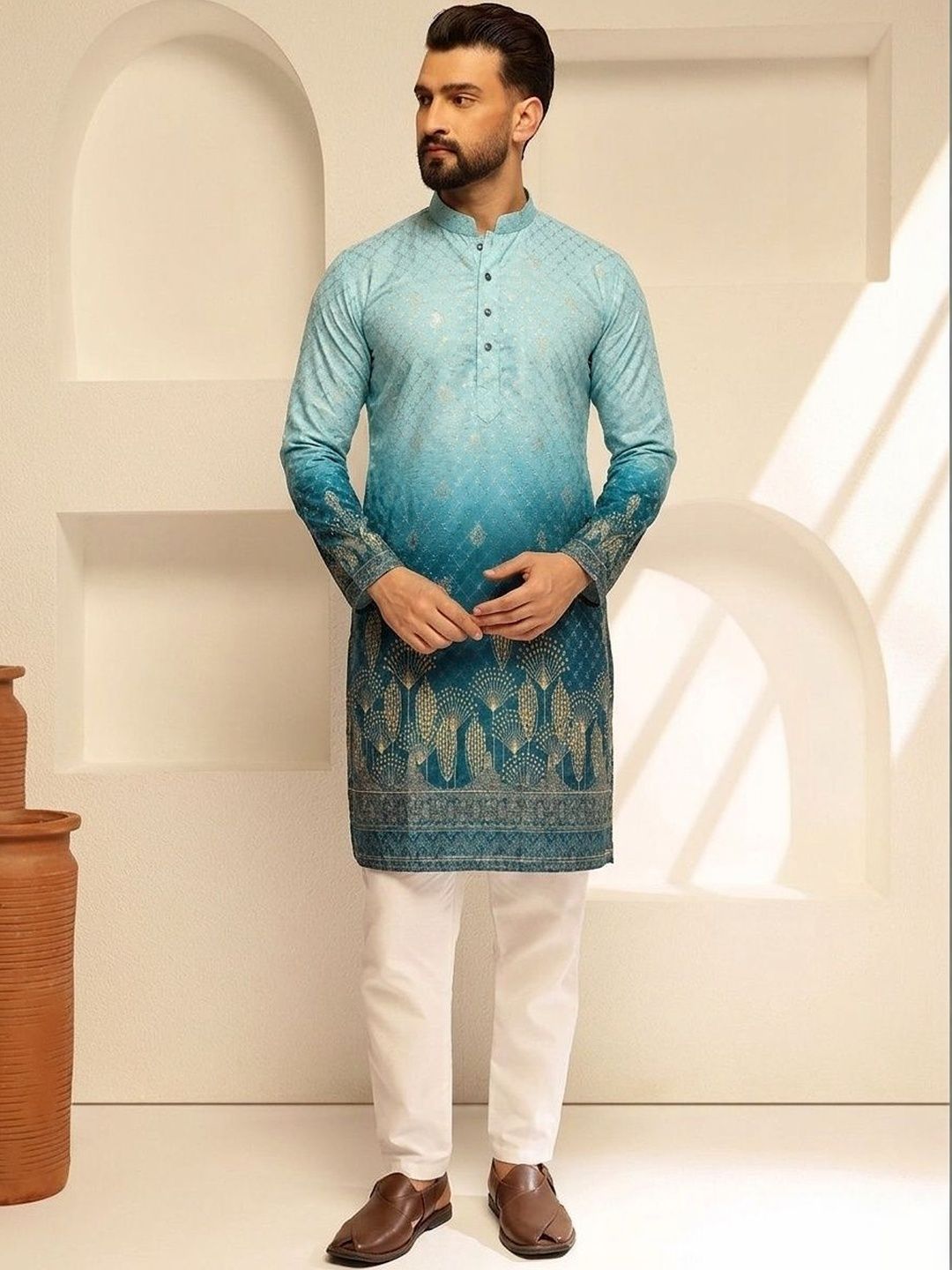 VELKYNOX Men Floral Printed Mandarin Collar Regular Sleeves Sequinned Kurta