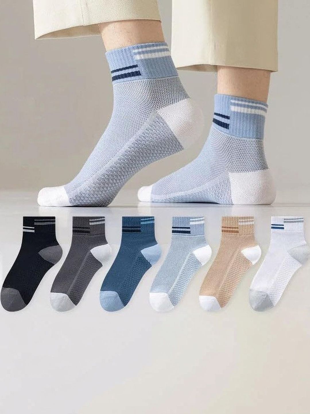 PRASTHAN Men Pack Of 6 Colourblocked Cotton Blend Ankle Length Socks