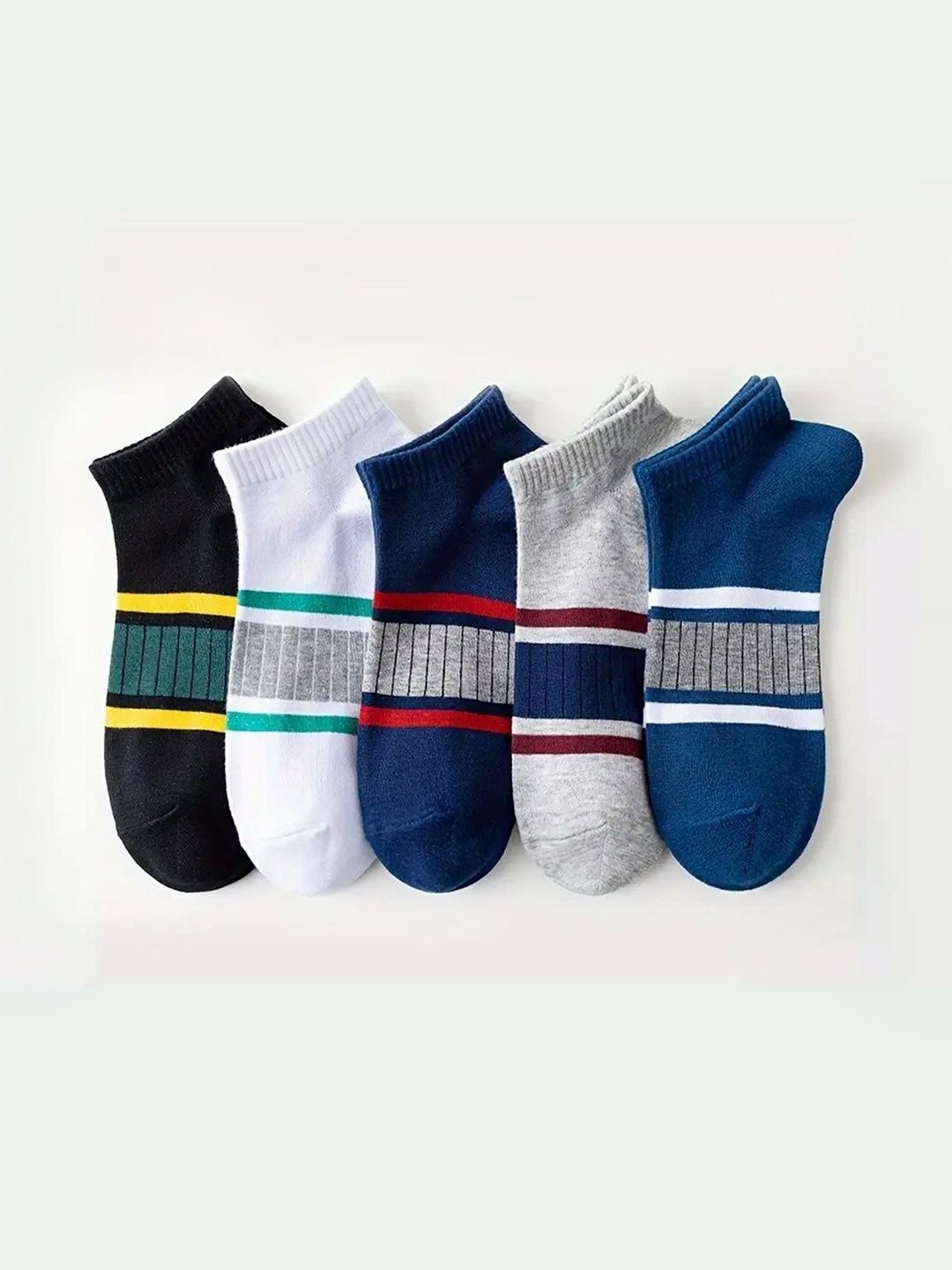 PRASTHAN Men Pack Of 5 Striped Cotton Blend Ankle Length Socks