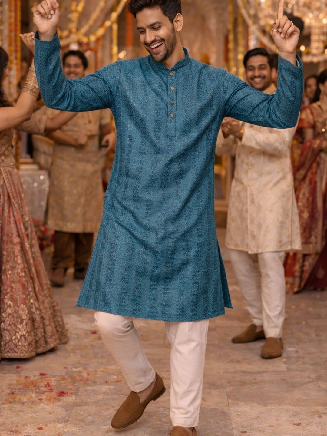 HERE&NOW Men Ethnic Motifs Embroidered Mandarin Collar Short Sleeves Sequinned Kurta