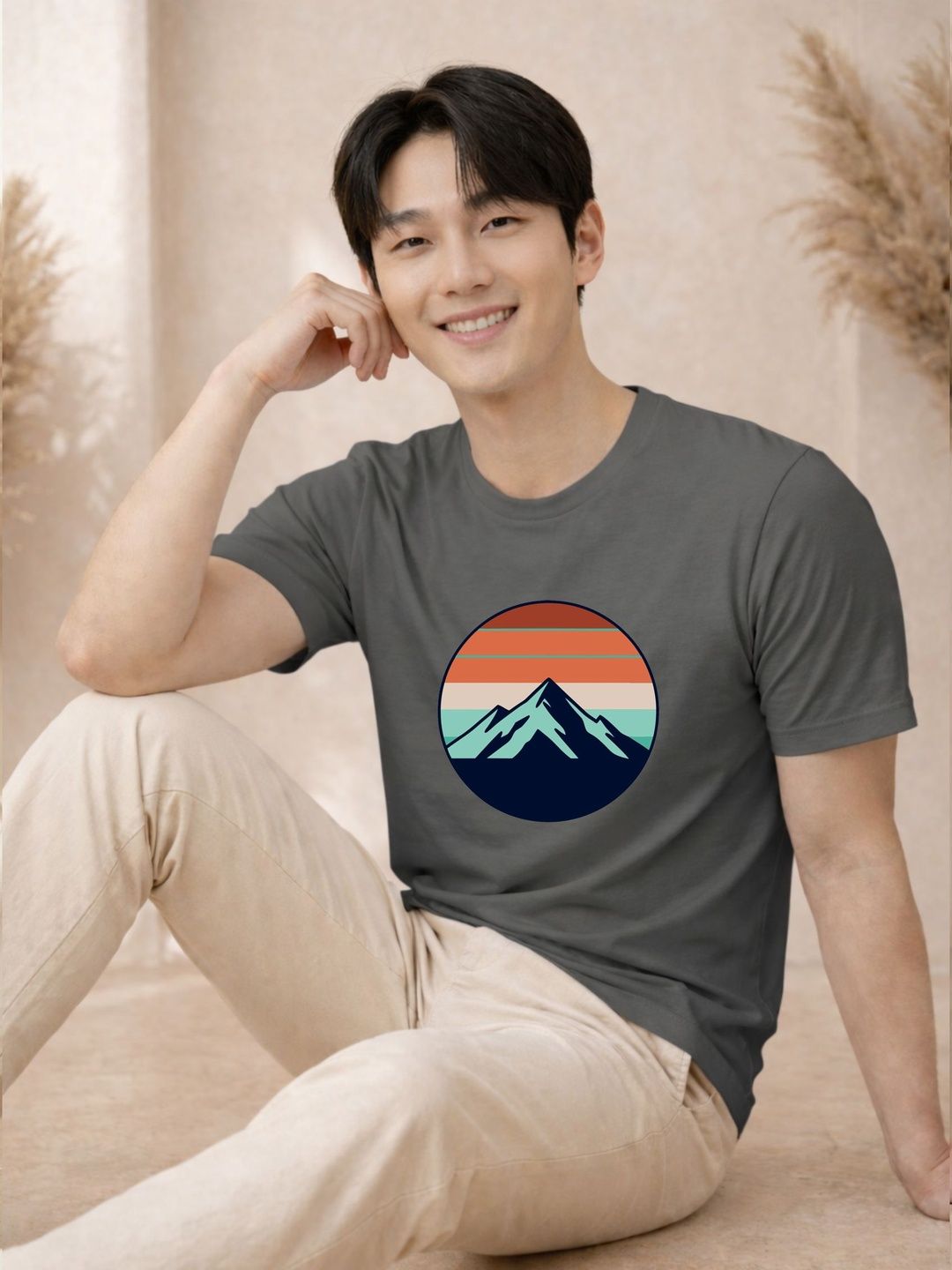 HERE&NOW Men Grey Graphic Printed Round Neck Casual Cotton Tshirts