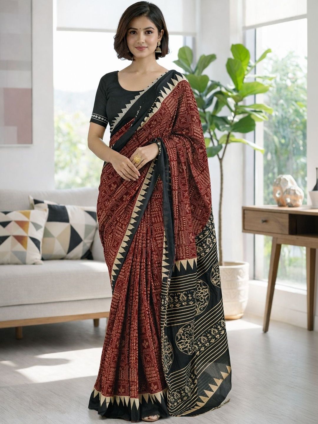 Vibhagyaa Ikat Pure Cotton Blouse Piece Printed Floral Geometric Daily Wear Sarees