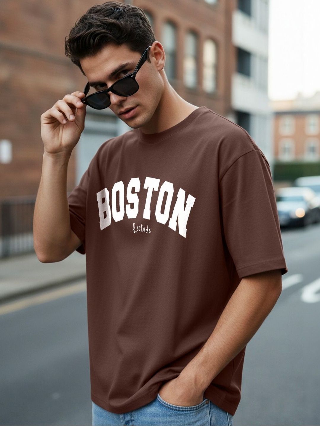 Leotude Men Brown Boston Oversized Tshirts