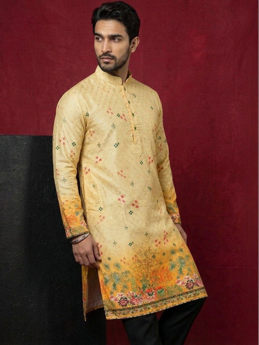 Dincharya Men Ethnic Motifs Printed Sequinned Kurta