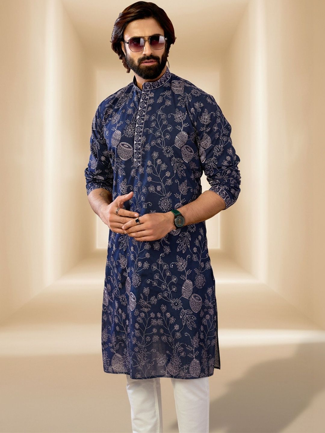 INDIROOP Men Floral Printed Mandarin Collar Cotton Kurta