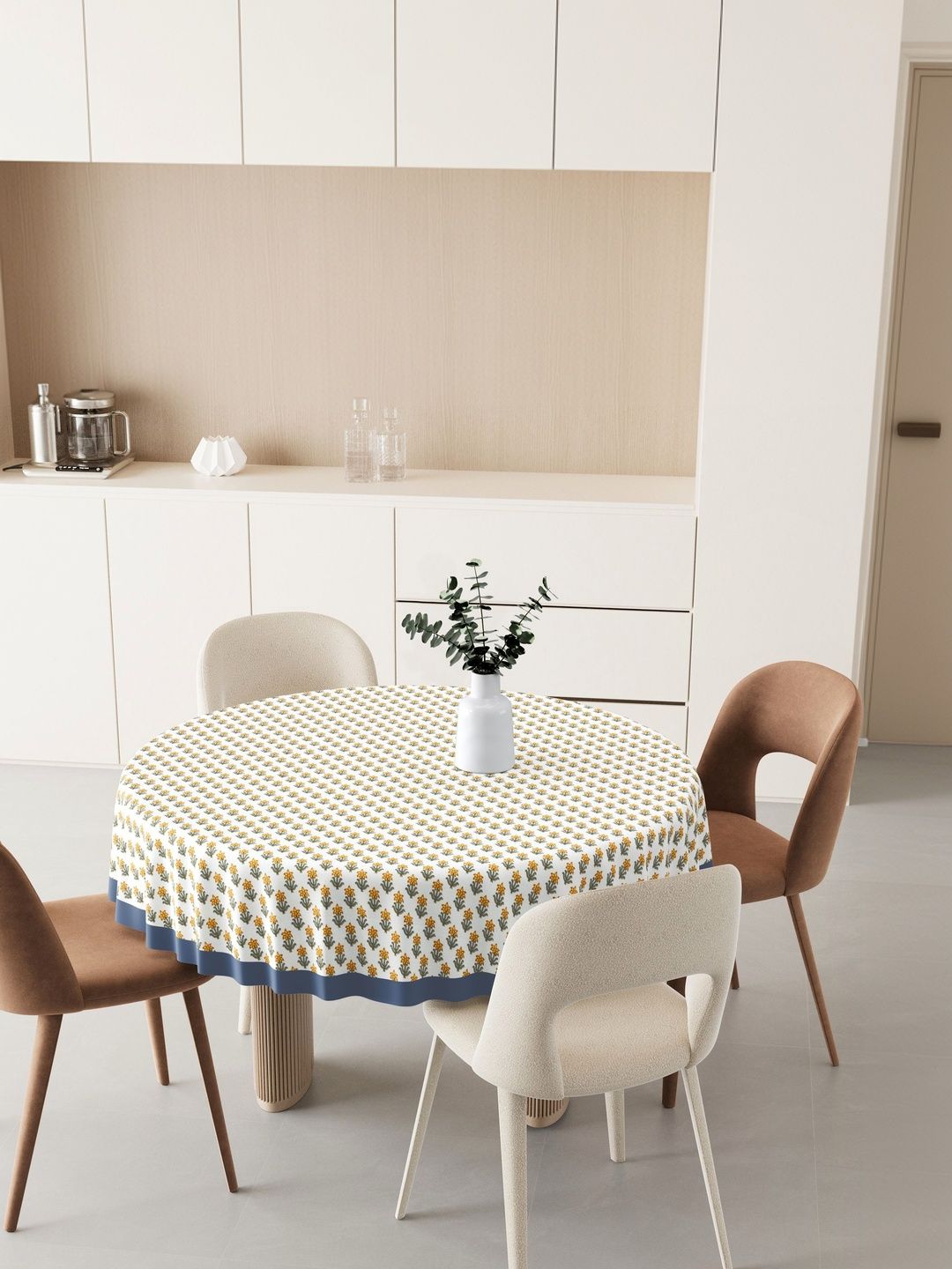Texstylers Grey Floral Anti-Slip Cotton Round 4-Seater Table Cover
