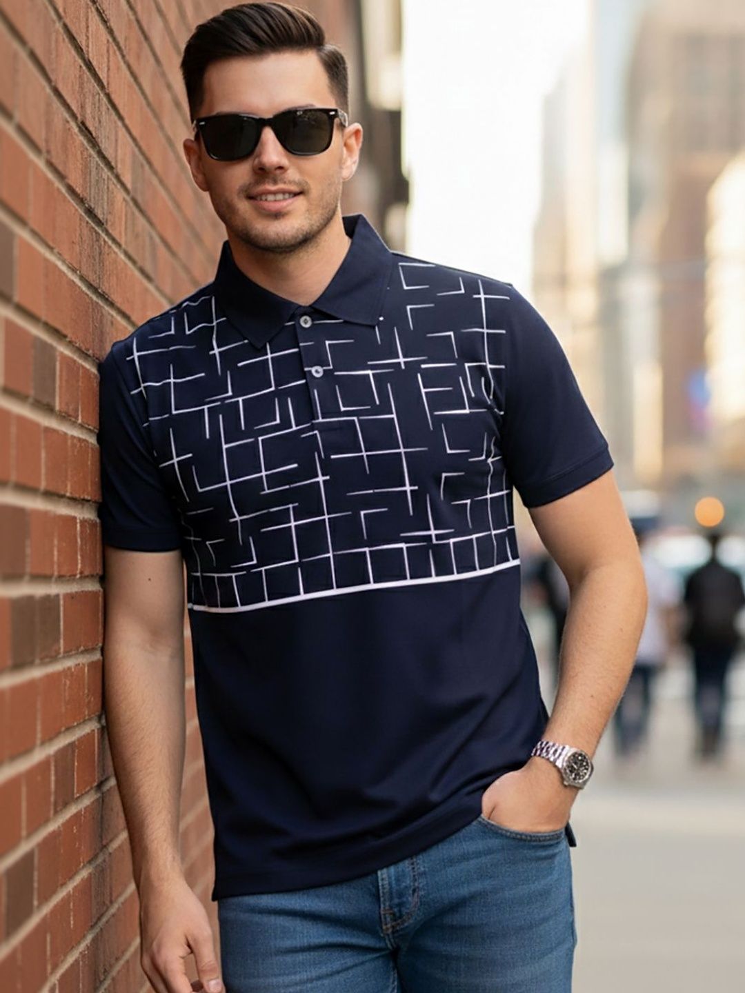HERE&NOW Men Printed Polo Collar T-shirt