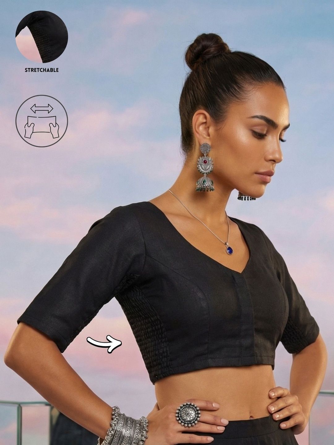 Aanyor Black Cotton V-Neck with Stretchable Smocked Short Sleeves Saree Blouse