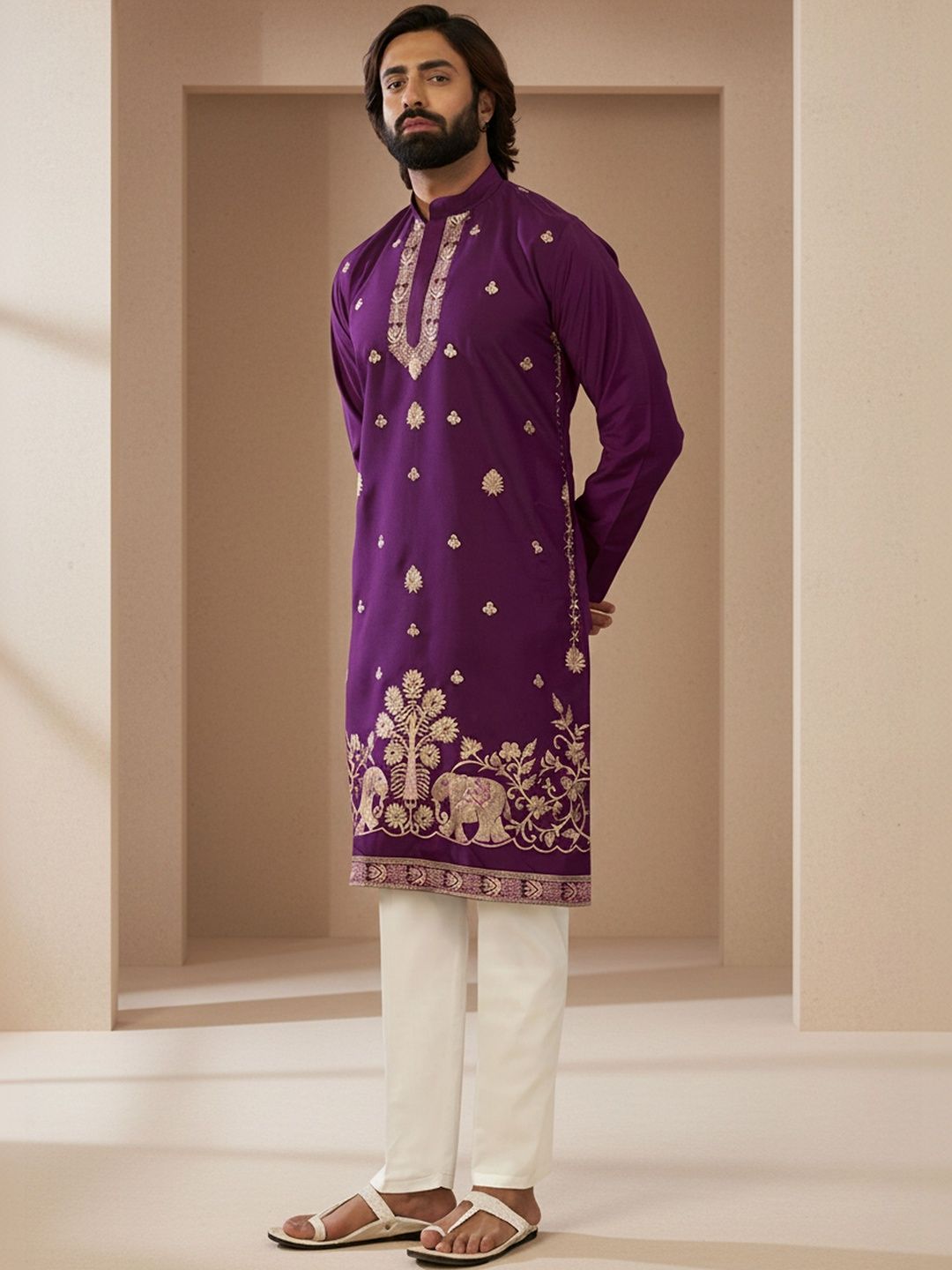 INDIROOP Men Embroidered Mandarin Collar Straight Cotton Kurtas