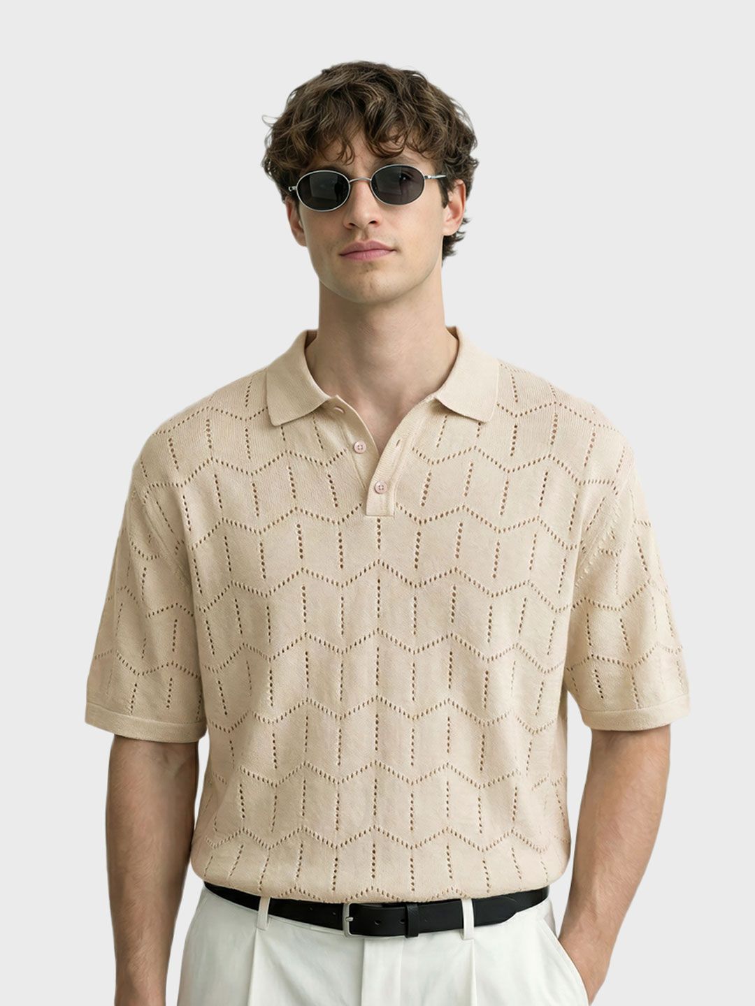 The Indian Garage Co Men Oversized Fit Textured Polo Neck Half Sleeves Polo Tshirts