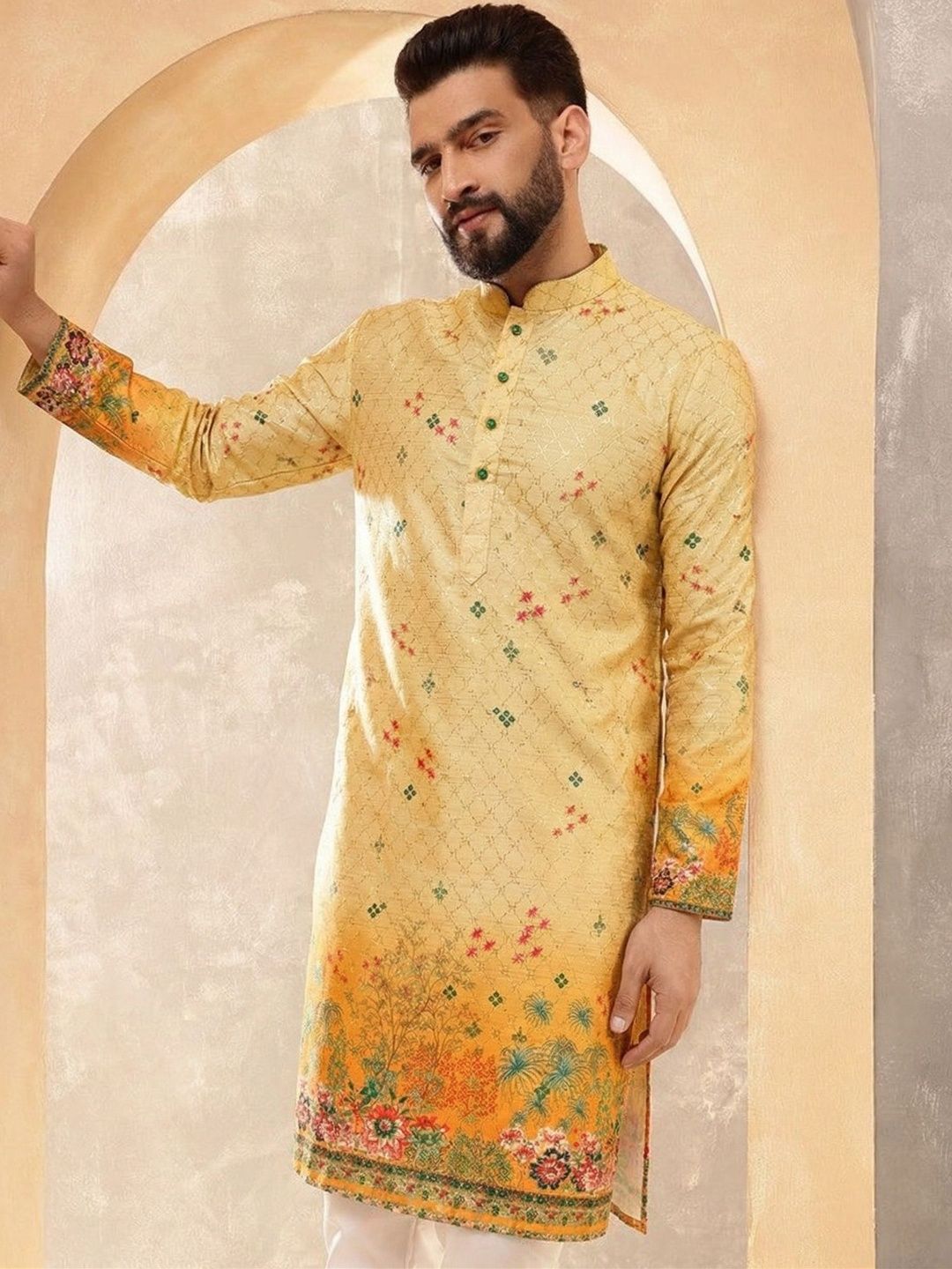VELKYNOX Men Ethnic Motifs Printed Mandarin Collar Regular Sleeves Sequinned Floral Kurta