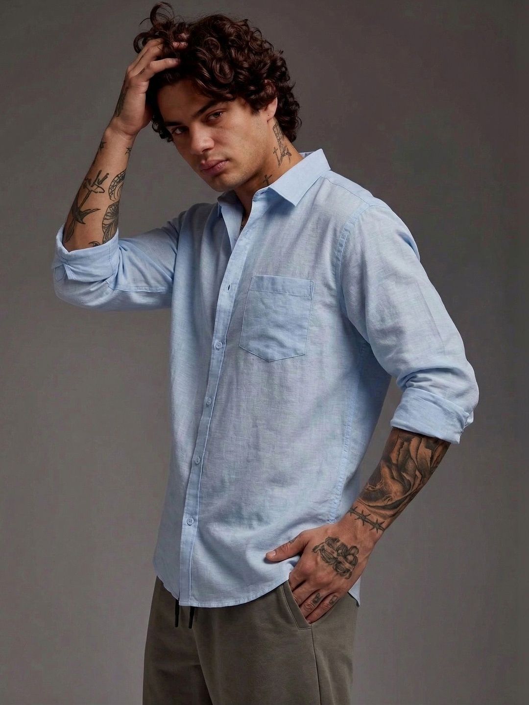 VEYTRO VEYTRO Men Light Blue Solid Cotton Shirts