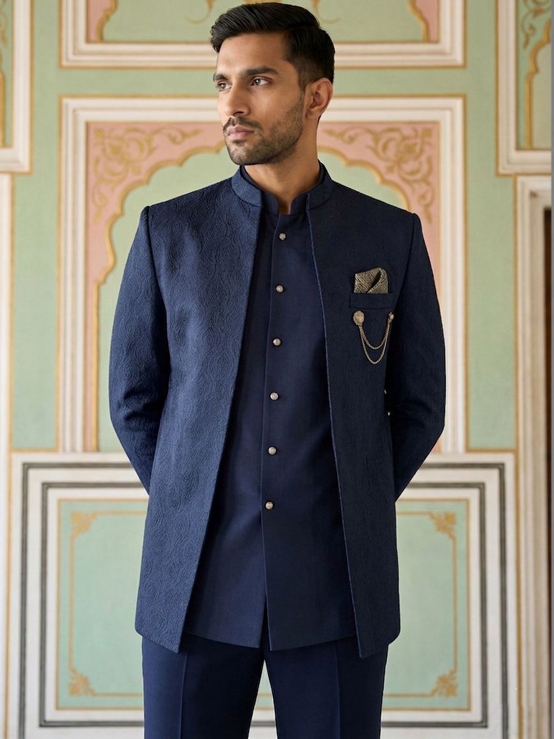 Jompers Textured Mandarin Collar Sherwani