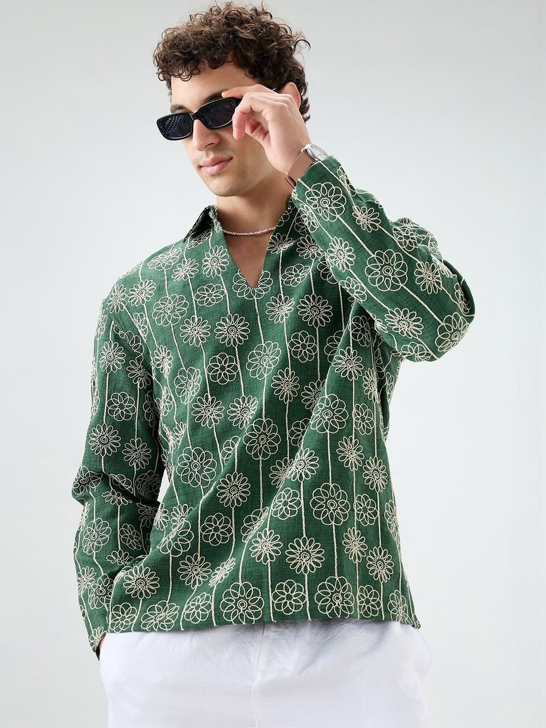 VASTRADO Green Floral Embroidered Oversized Polo Neck Shirts