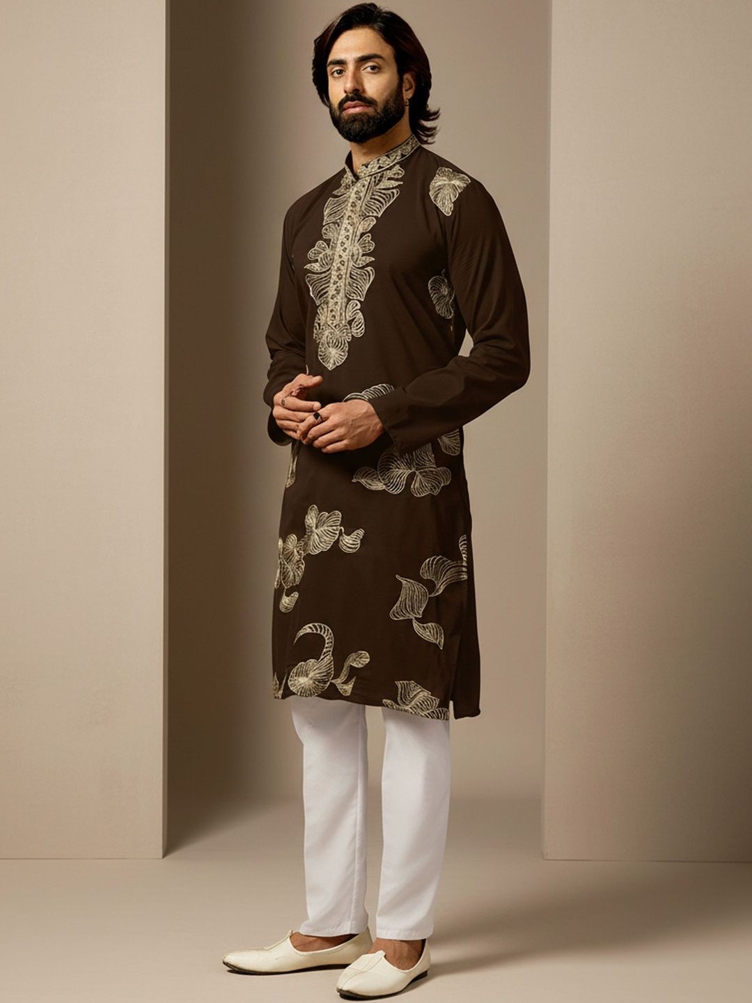 INDIROOP Men Ethnic Motifs Embroidered Mandarin Collar Cotton Kurta