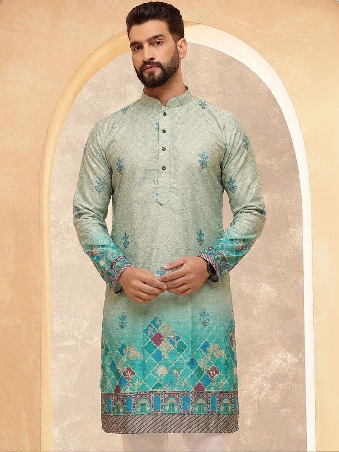 VELKYNOX Men Ethnic Motifs Printed Sequinned Floral Kurta