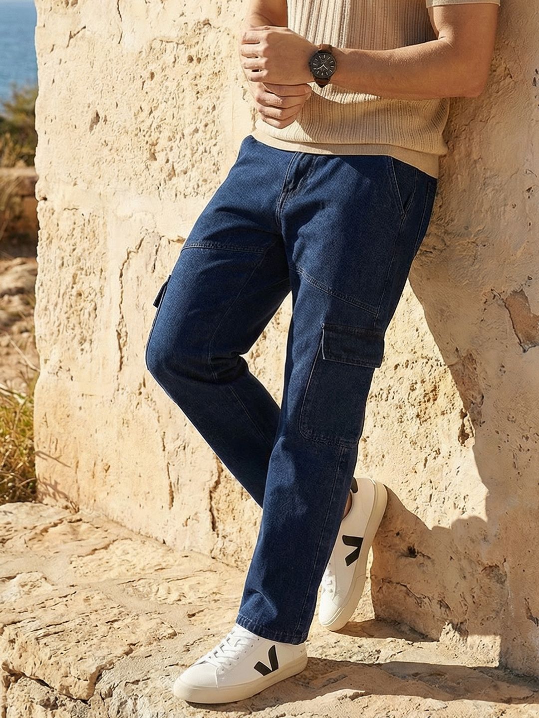 Mast & Harbour Men Slim Fit Cargo Style Pure Cotton Jeans