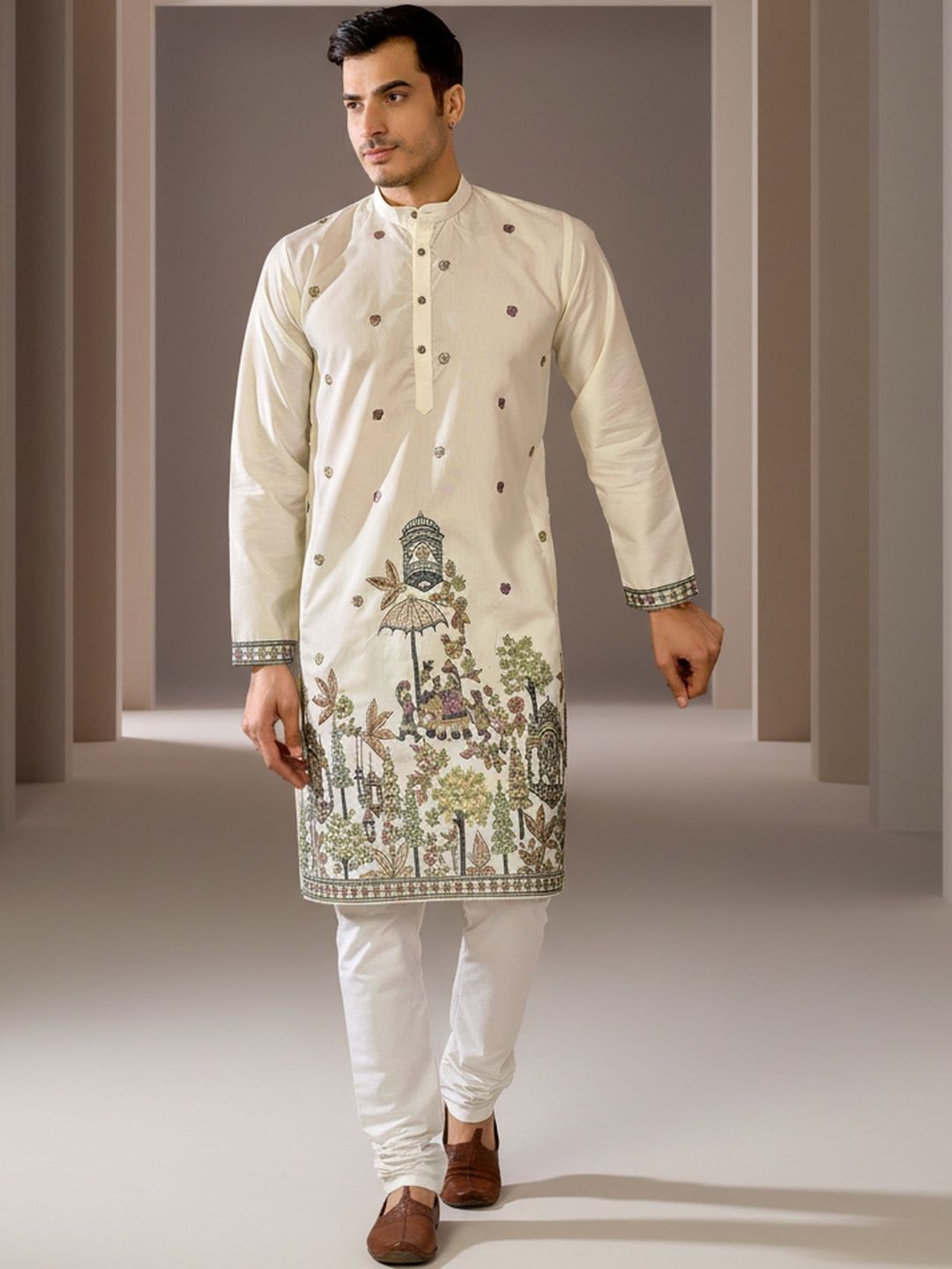 INDIROOP Men Mandarin Collar Floral Embroidered Kurta