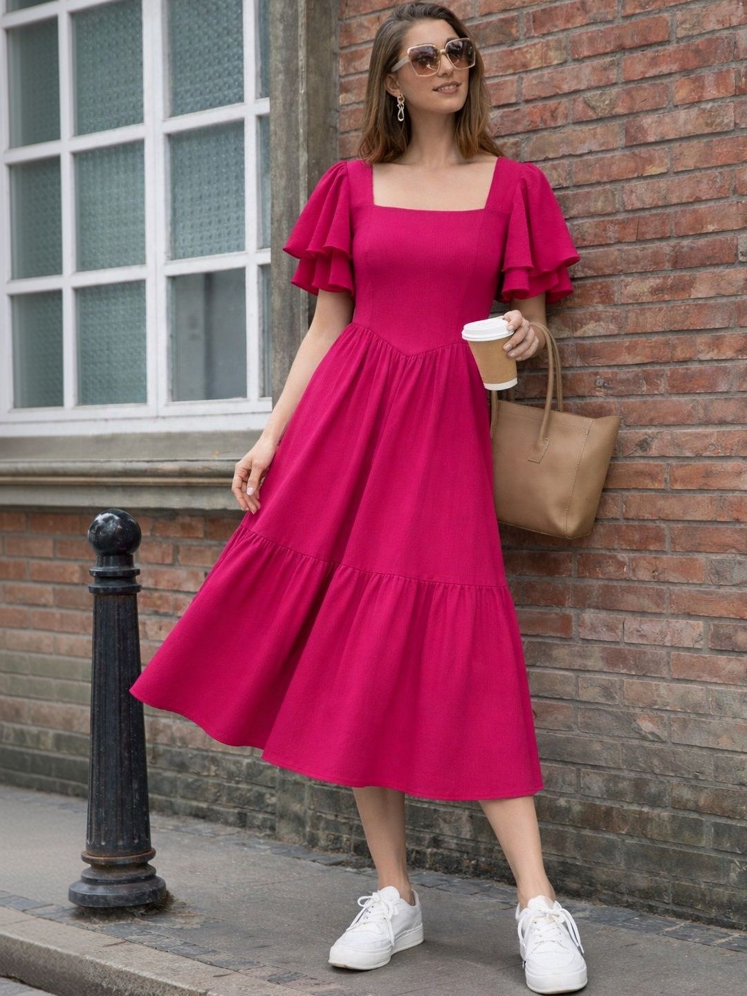 SHEETAL Associates Flutter Sleeve Layered Crepe Fit & Flare Midi Dress