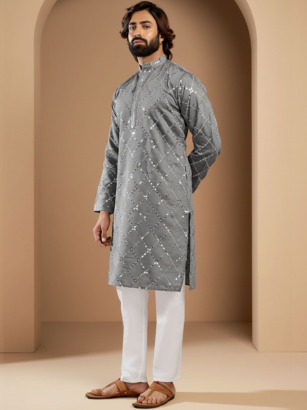 INDIROOP Ethnic Motifs Embroidered Mandarin Collar Pure Cotton Chikankari Kurta