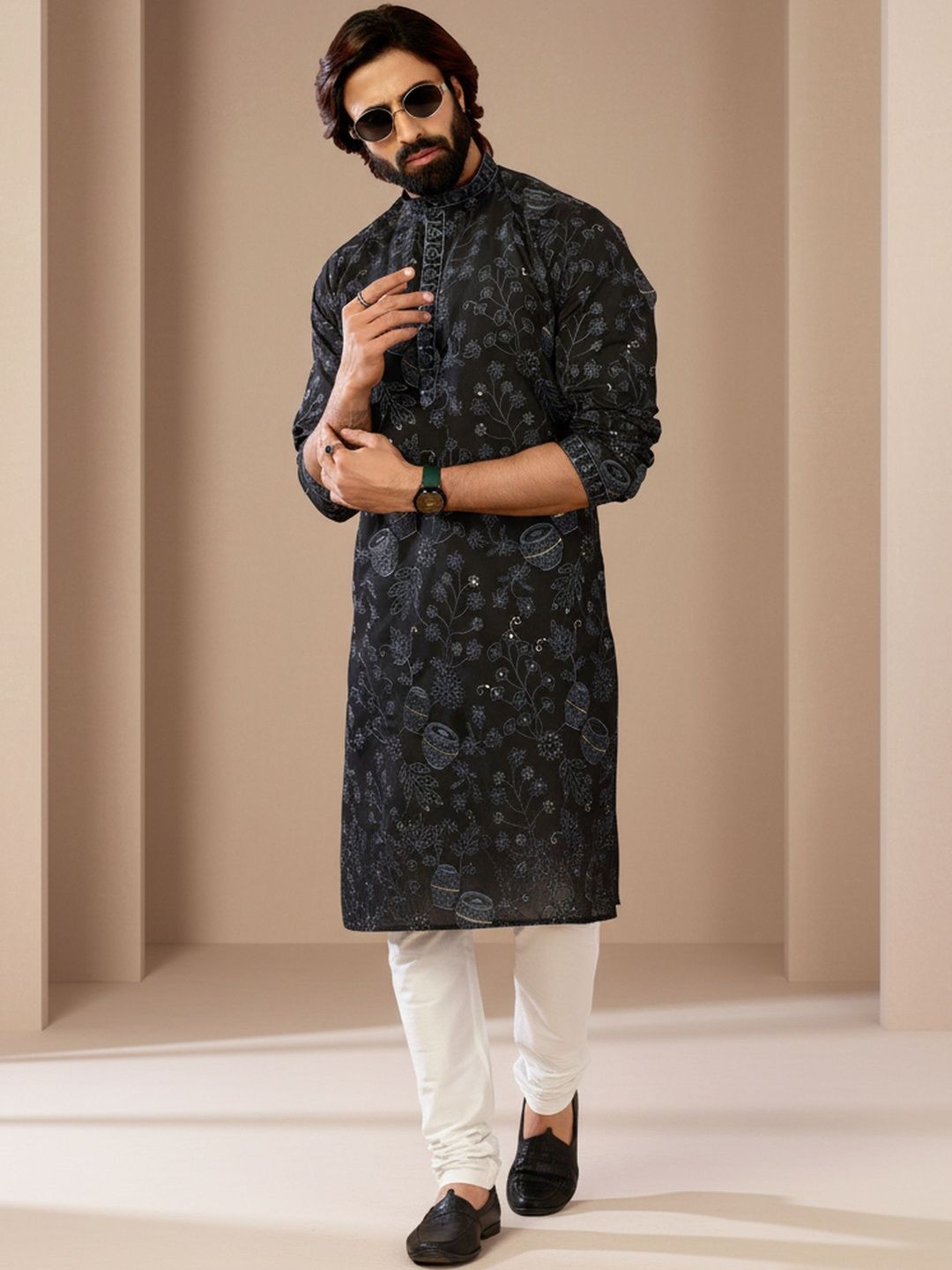 INDIROOP Men Ethnic Motifs Woven Design Mandarin Collar Cotton Kurta