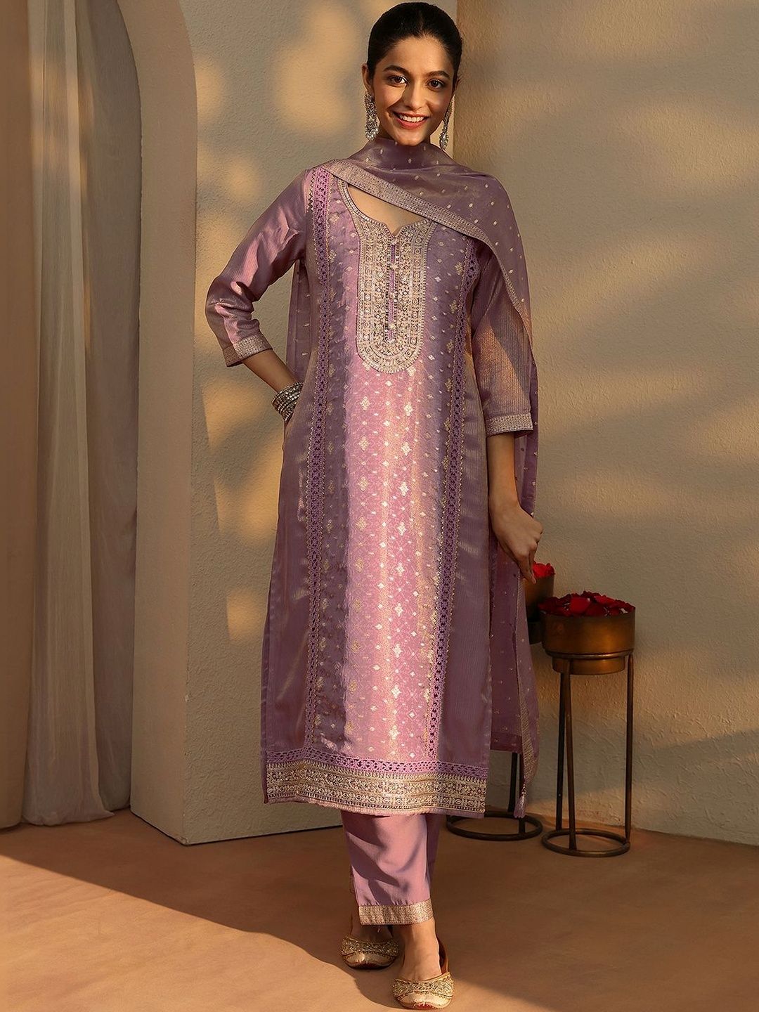 Libas Women Regular Thread Work Kurta with Trousers & With Dupatta deal from myntra