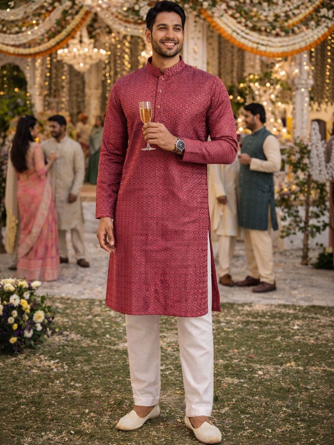 HERE&NOW Ethnic Motifs Embroidered Sequinned Mandarin Collar Kurta