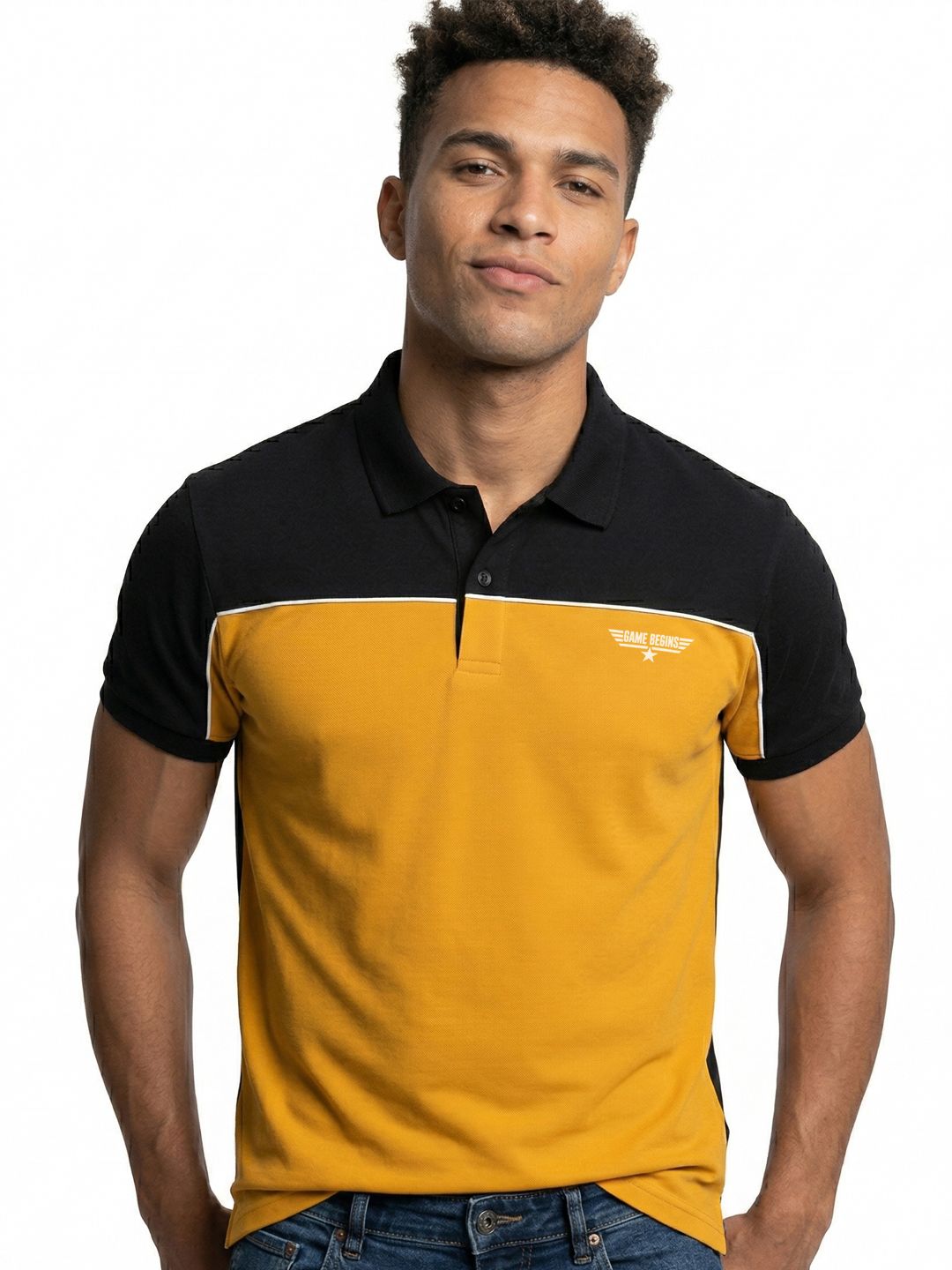 Here&Now X Game Begins Men Brand Logo Colourblocked Polo Collar T-shirt