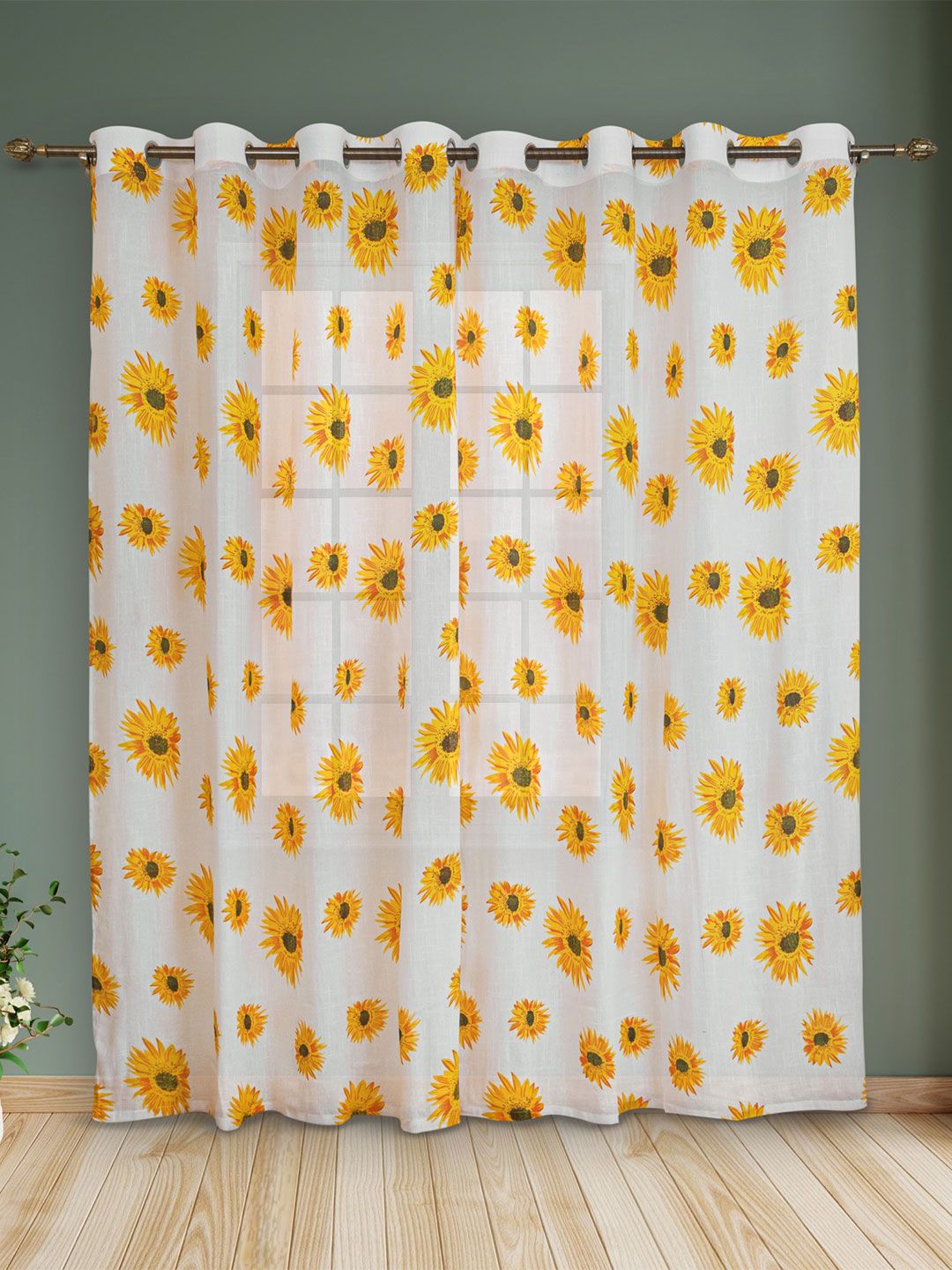 HOMEMONDE Yellow Set of 2 Floral Sheer Window Regular